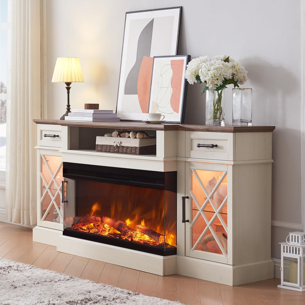 OKD 3-Sided Glass Farmhouse Electric Fireplace TV Stand for TVs up to 80'', Highboy Entertainment Center with Glass Door Storage Cabinet, 70'' Large TV Stands with 36'' Fireplace, Antique White