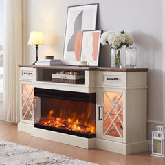 OKD 3-Sided Glass Farmhouse Electric Fireplace TV Stand for TVs up to 80'', Highboy Entertainment Center with Glass Door Storage Cabinet, 70'' Large TV Stands with 36'' Fireplace, Antique White