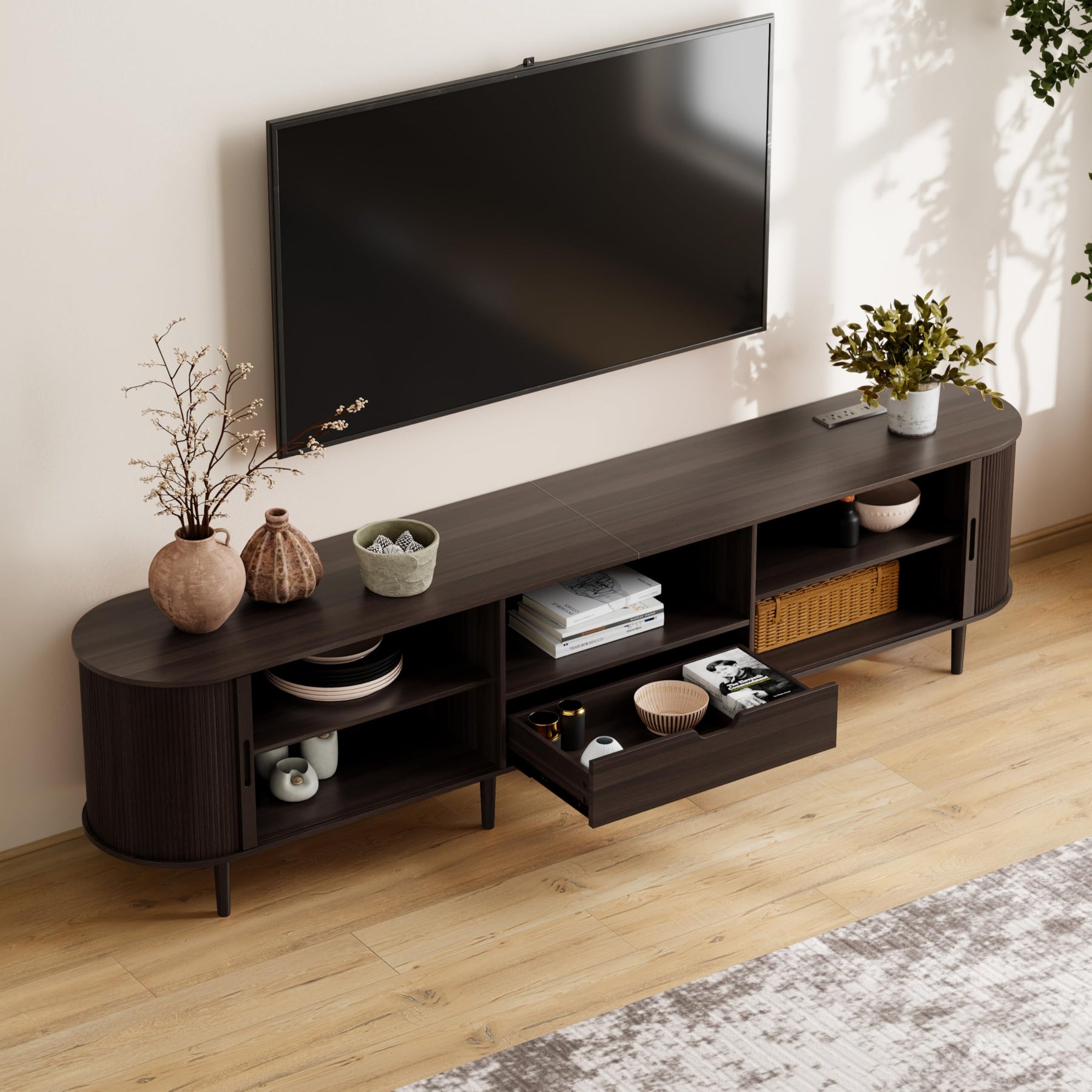 DHH 86.6" Fluted TV Stand with Power Outlet for TVs up to 90", TV Console with Adjustable Shelves and Sliding Door,Mid Century Modern Entertainment Center for Living Room,Bedroom (Walnut)