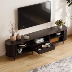 DHH 86.6" Fluted TV Stand with Power Outlet for TVs up to 90", TV Console with Adjustable Shelves and Sliding Door,Mid Century Modern Entertainment Center for Living Room,Bedroom (Walnut)
