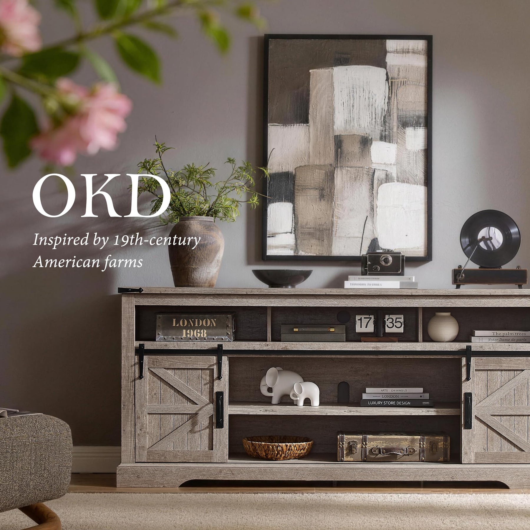 OKD 70" Farmhouse TV Stand for TVs up to 80", Antique White