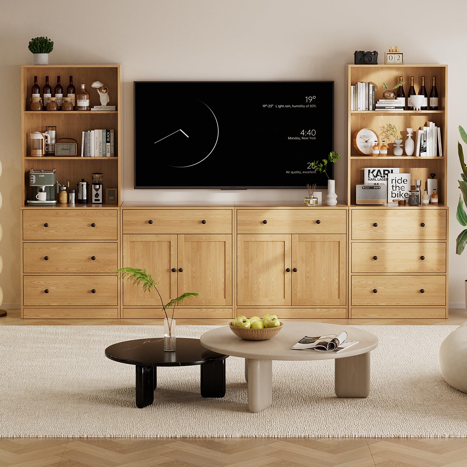 TUSY 71" Large TV Stand Set - TV Entertainment Center for TVs up to 65", Media Center with Tempered Glass Doors and Drawer, TV Hutch with Bookshelves for Living Room (White, BDDB)