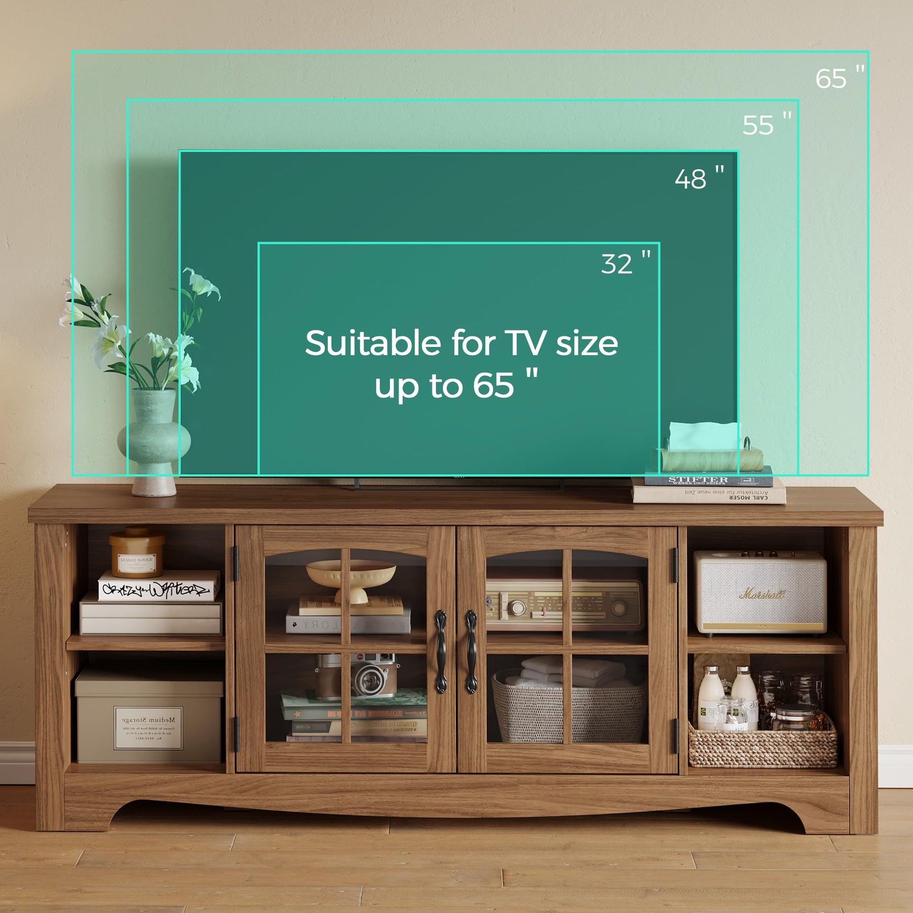 LINSY HOME Farmhouse TV Stand for 65 Inch TV, Wood Entertainment Center with Glass Door Storage Cabinet & Adjustable Shelves, Large Sturdy TV Console Table for Living Room Bedroom