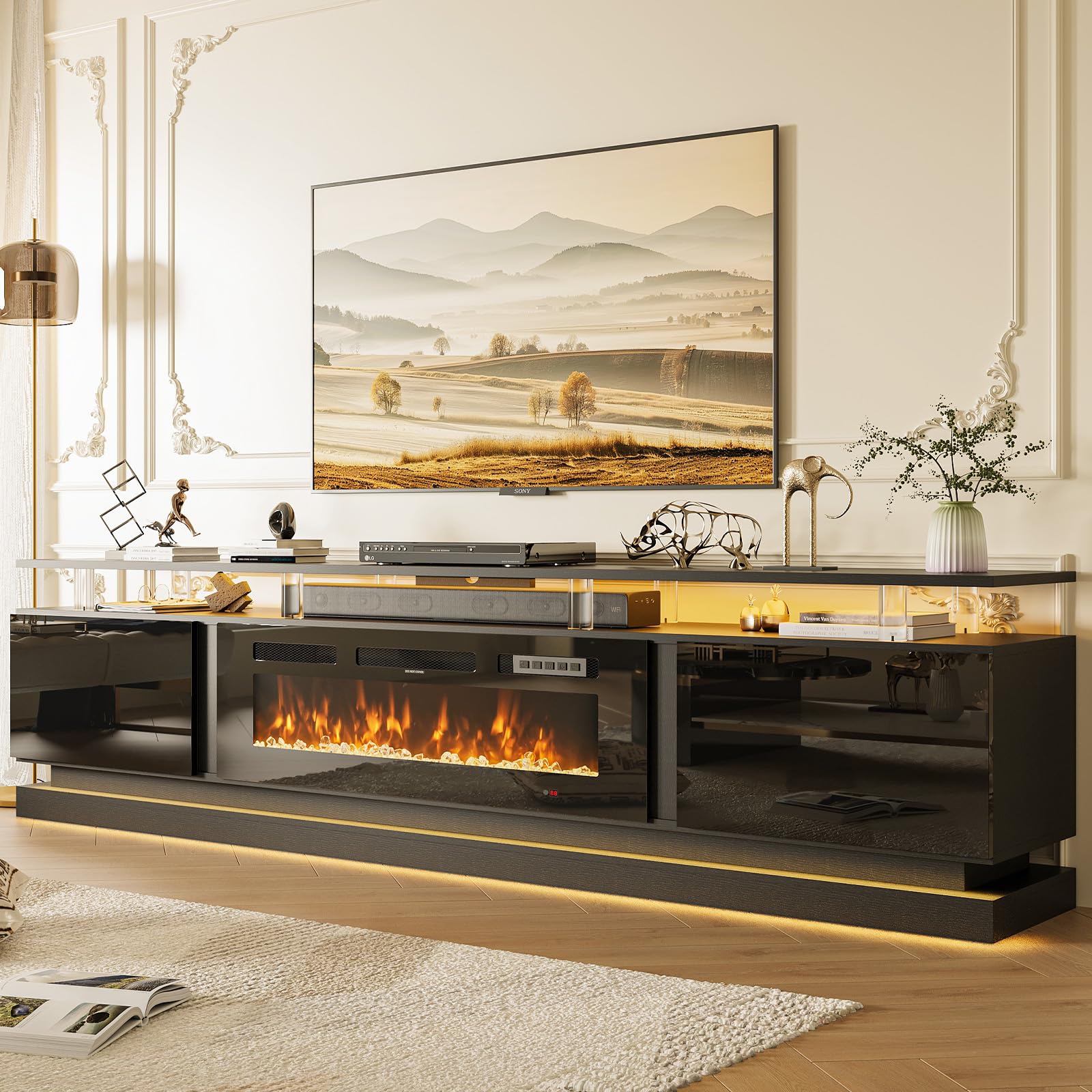 Nordivale 70" Fireplace TV Stand, Modern Entertainment Center for TVs Up to 80”, TV Console with Storage Cabinets, Media Console for Living Room, Black TV Stand and Black Fireplace