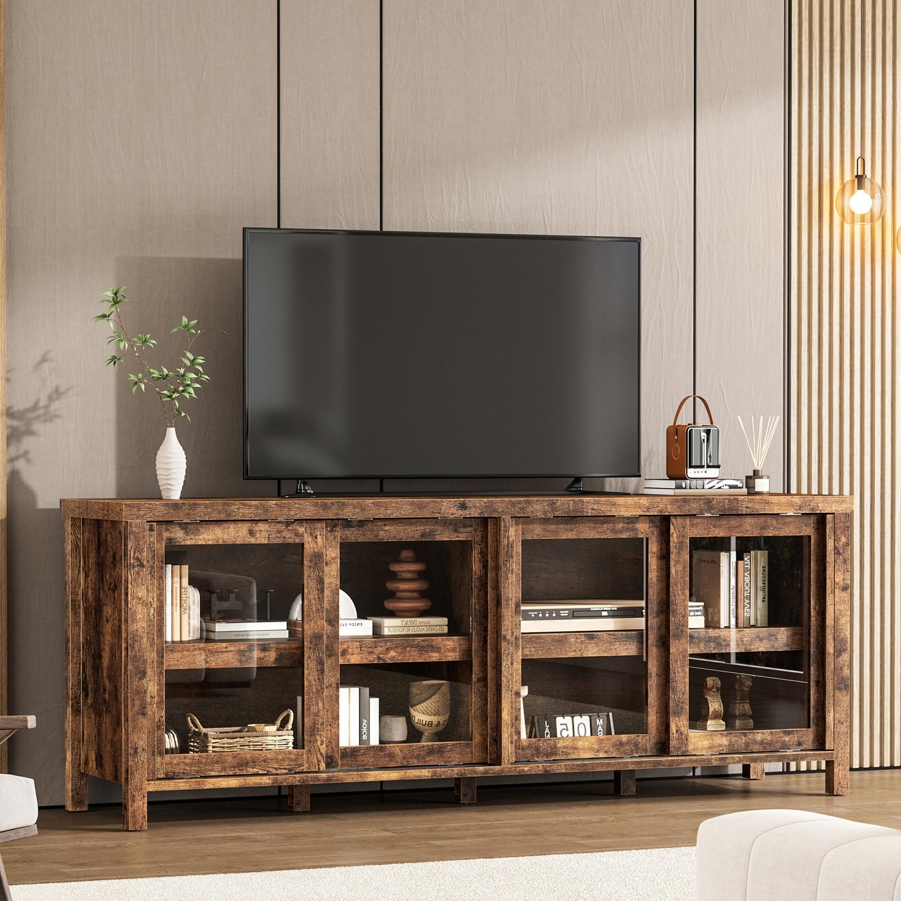 GAOMON TV Stand for 65" with Entertainment Center, Storage Cabinet, 4 Sliding Glass Doors, Mid Century Modern Media TV Console Table for Living Room Bedroom (Retro Brown)