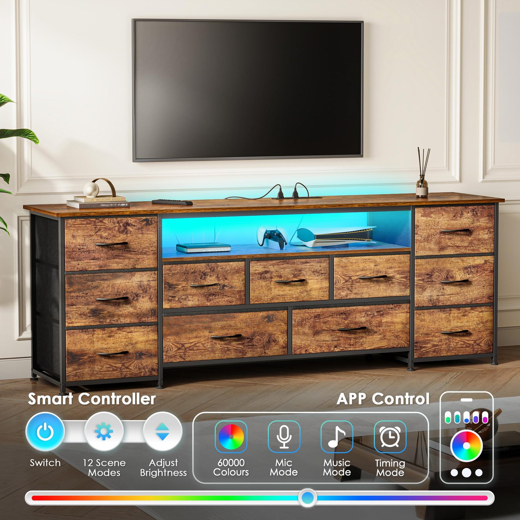 Huuger 63 Inch TV Stand for 65, 70 Inch TV, 11 Drawer Long Dresser with Power Outlets and LED Lights, Entertainment Center with Storage, Black Dresser with PU Leather Surface