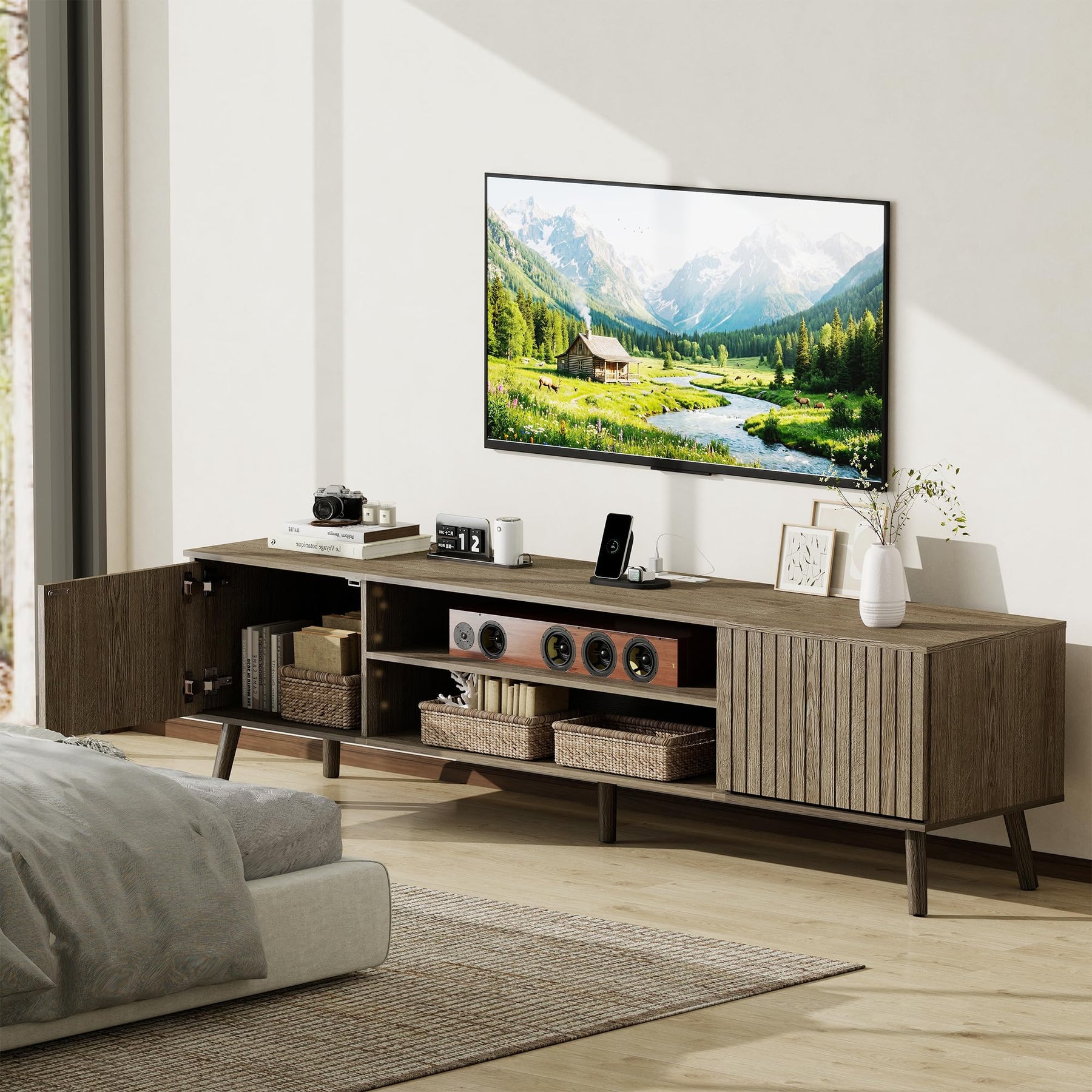 YOSHOOT 63" TV Stand for Living Room, Mid Century Modern Entertainment Center with Power Outlet Fit TVs Up to 70 inch, Fluted Media Console with Open Shelves and Storage Cabinets for Bedroom, Natural