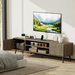 YOSHOOT 63" TV Stand for Living Room, Mid Century Modern Entertainment Center with Power Outlet Fit TVs Up to 70 inch, Fluted Media Console with Open Shelves and Storage Cabinets for Bedroom, Natural