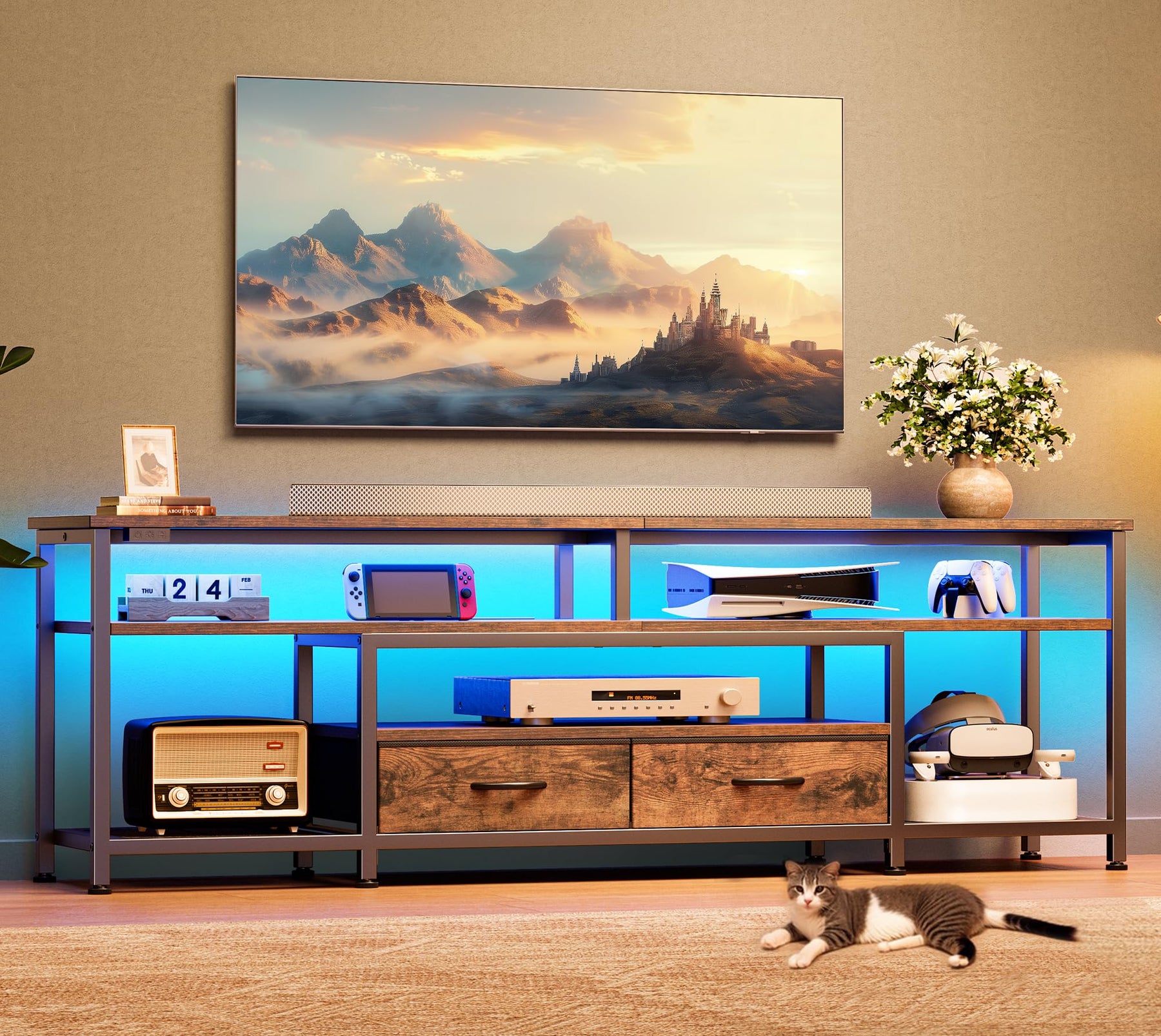 Huuger 63 Inch LED TV Stand for 65 70 Inch TV, Entertainment Center with Open Shelves and Power Outlets, TV Console for Living Room, Media Console with Drawers, Black