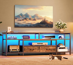 Huuger 63 Inch LED TV Stand for 65 70 Inch TV, Entertainment Center with Open Shelves and Power Outlets, TV Console for Living Room, Media Console with Drawers, Black