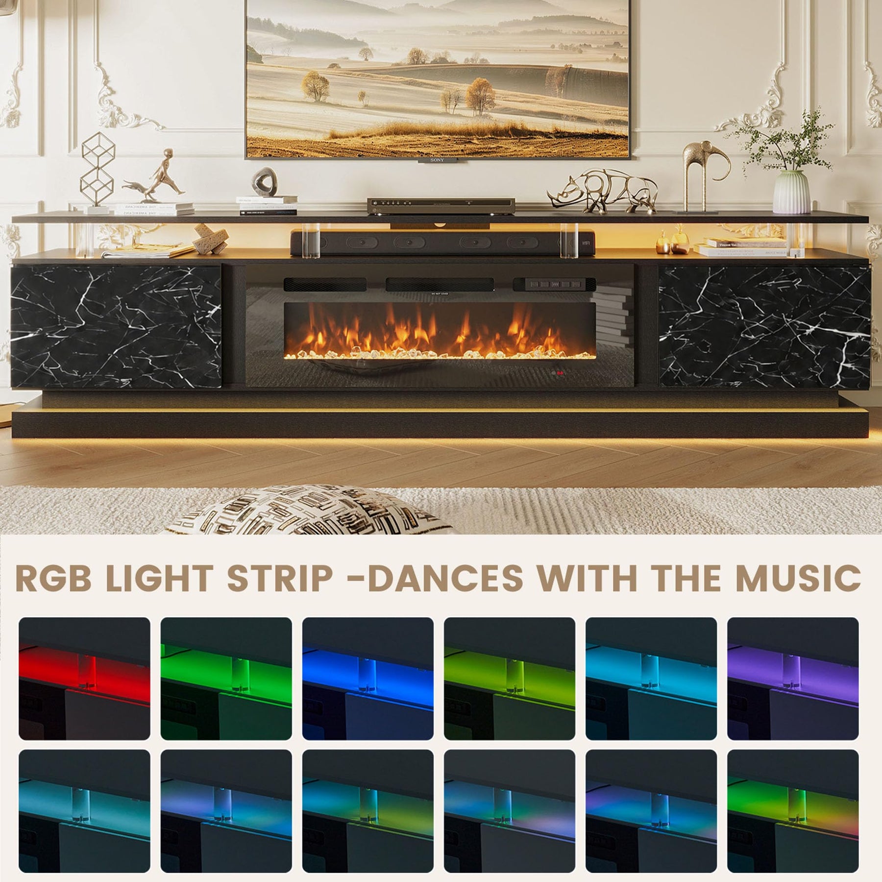Nordivale 70" Fireplace TV Stand, Modern Entertainment Center for TVs Up to 80”, TV Console with Storage Cabinets, Media Console for Living Room, Black TV Stand and Black Fireplace