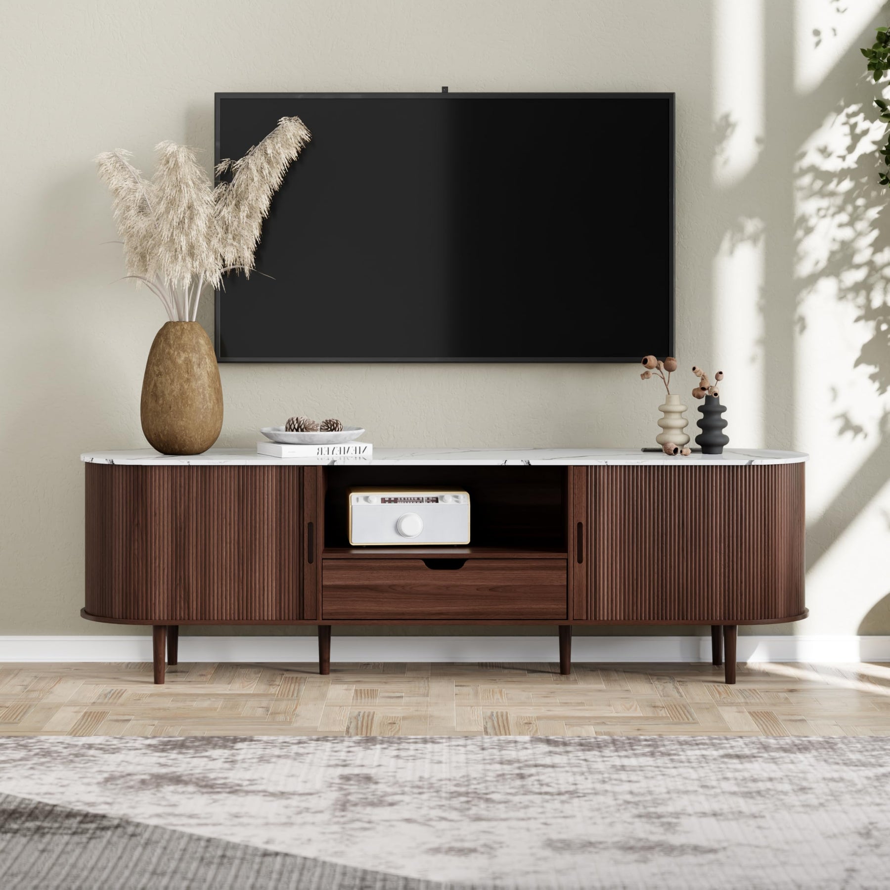 DHH 86.6" Fluted TV Stand with Power Outlet for TVs up to 90", TV Console with Adjustable Shelves and Sliding Door,Mid Century Modern Entertainment Center for Living Room,Bedroom (Walnut)