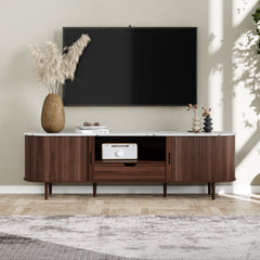 DHH 86.6" Fluted TV Stand with Power Outlet for TVs up to 90", TV Console with Adjustable Shelves and Sliding Door,Mid Century Modern Entertainment Center for Living Room,Bedroom (Walnut)