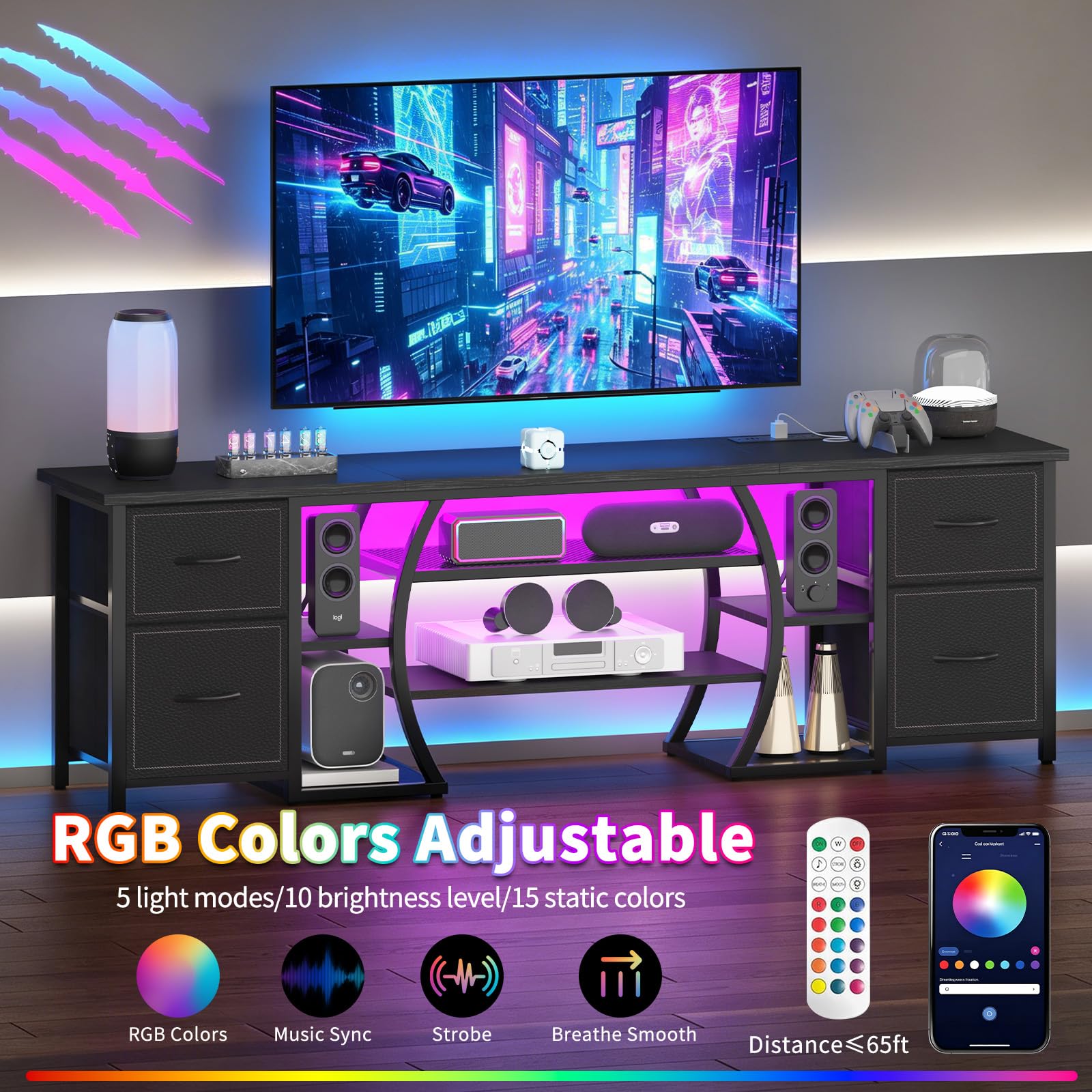 ZHNSYDN LED TV Stand for 65, 70, 80 Inch TV,71 Inch Industrial Entertainment Center with Power Outlets,Media Console Table with Open Storage Shelves & Fabric Drawers for Living Room Bedroom,Greige