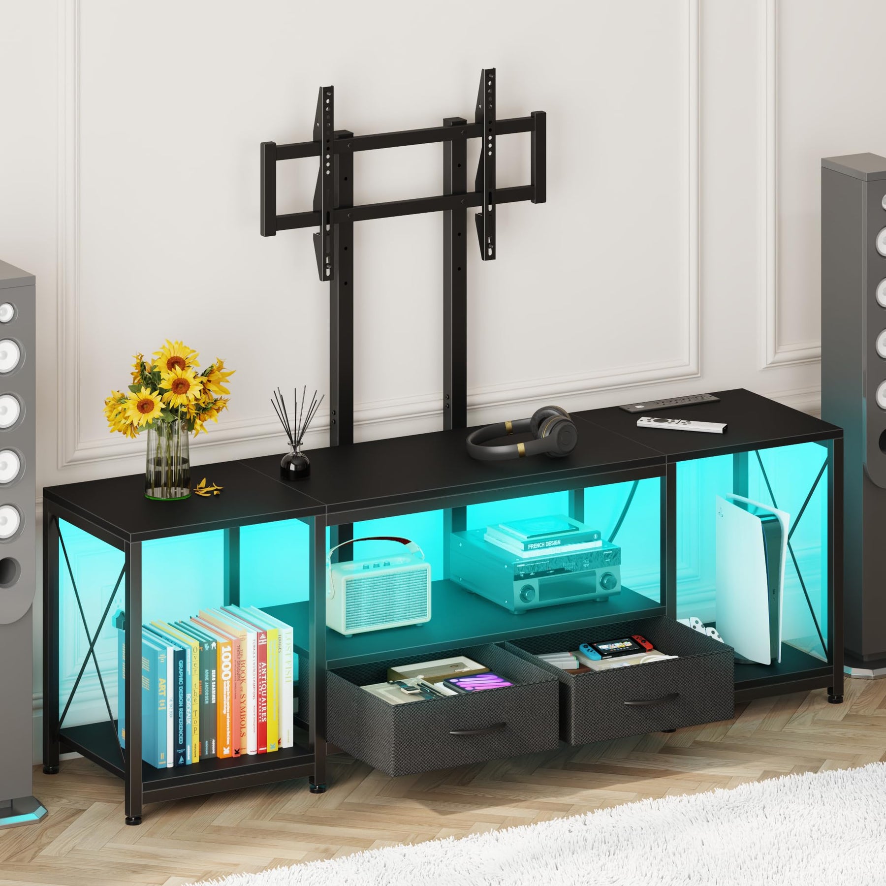 GYIIYUO LED TV Stand with Mount and Power Outlet & Fabric Drawers for 32-85 Inches TV - Entertainment Center and Corner Tv Stand for Living Room, Bedroom- 47" Rustic Brown (Max VESA 600mm × 400mm
