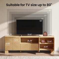 ModernMate 70" Modern TV Stand for TVs Up to 80 Inch, Wood Entertainment Center with Outlet and Storage Cabinet, Chevron Pattern TV Console with Adjustable Shelve for Living Room, Bedroom, Natural Oak