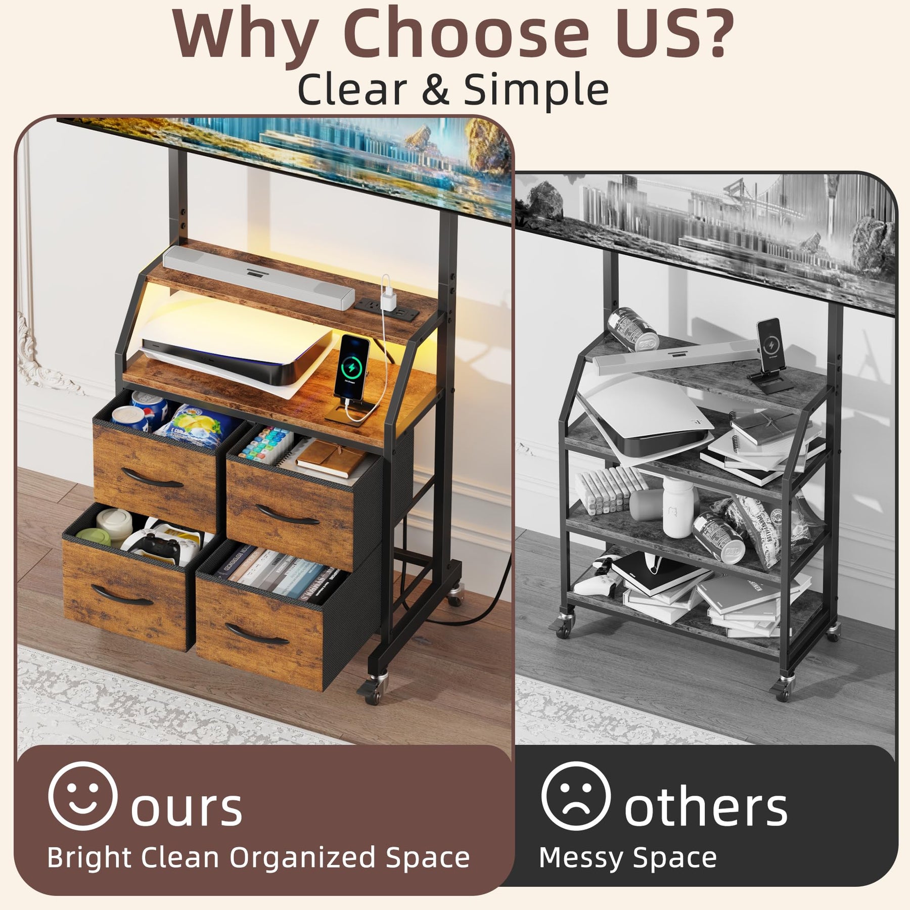 GYIIYUO Rolling TV Stand with Mount & 4 Fabric Drawers for 32-75 inch TVs