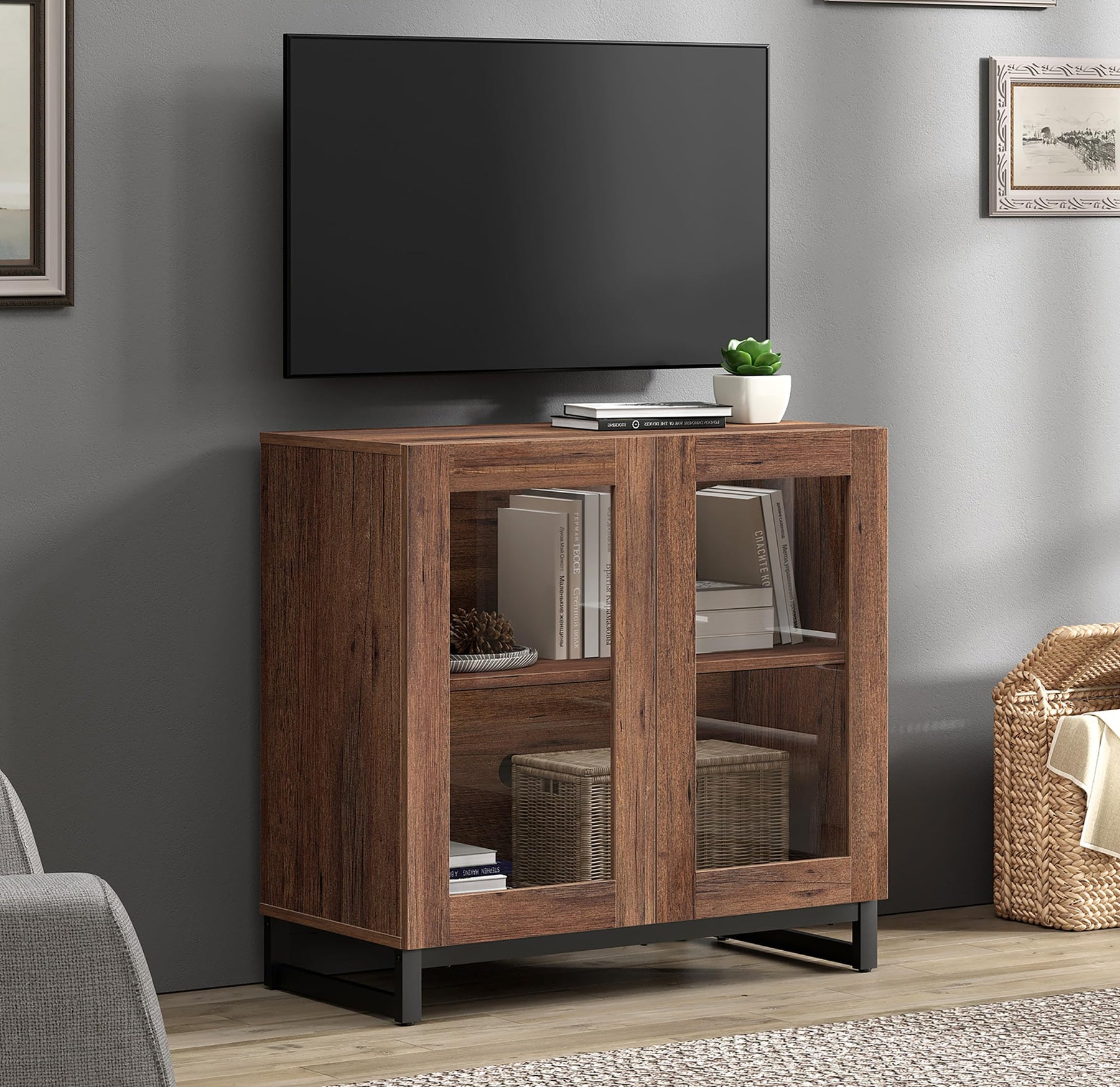 WAMPAT Modern TV Stand with Glass Doors for 80-120 inch TVs, 4 in 1 Entertainment Center Console with 4 Drawers and Metal Base for Living Room, Bedroom, Brown