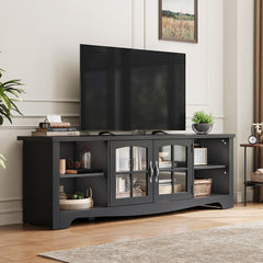 LINSY HOME Farmhouse TV Stand for 65 Inch TV, Wood Entertainment Center with Glass Door Storage Cabinet & Adjustable Shelves, Large Sturdy TV Console Table for Living Room Bedroom