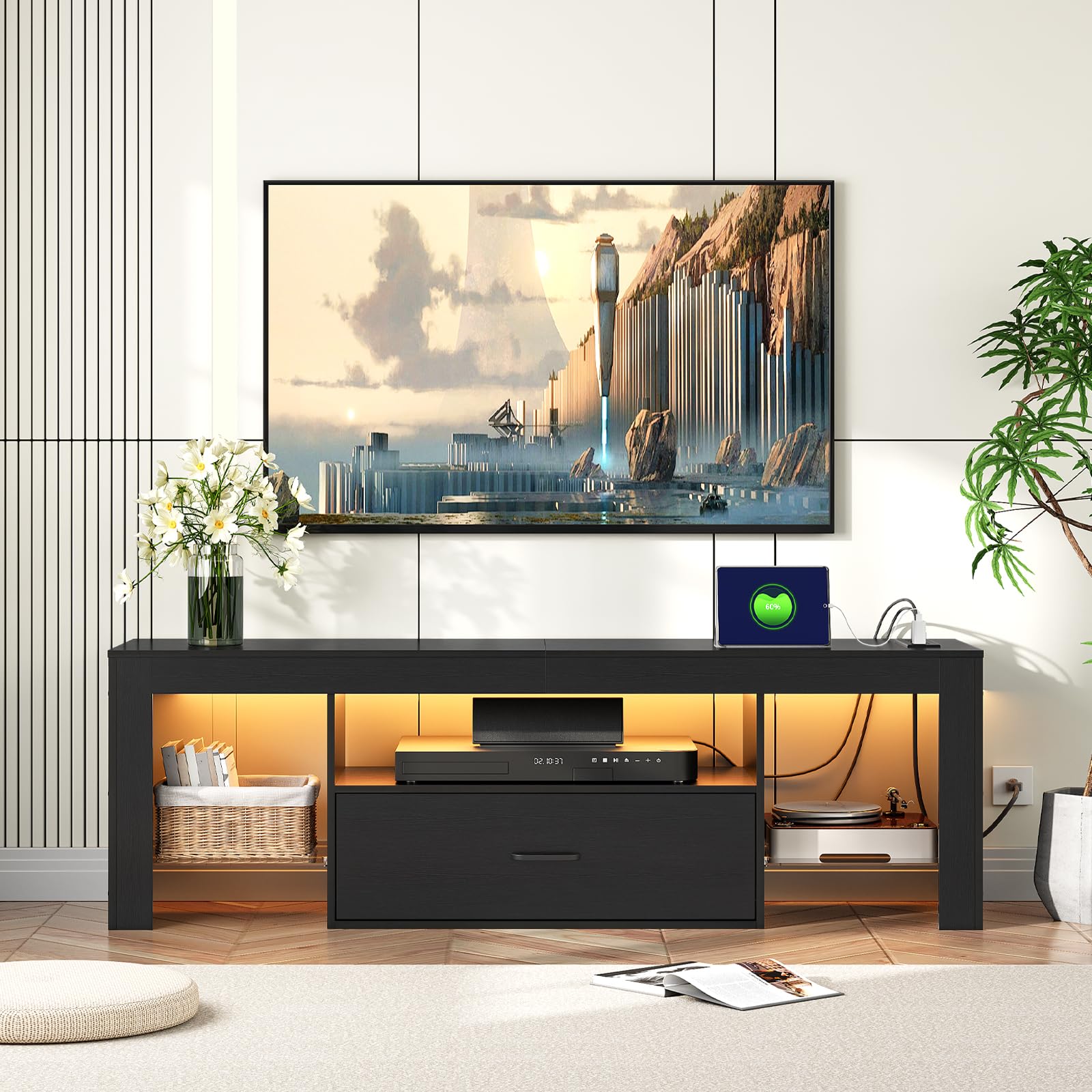 HOOBRO LED TV Stand with Power Outlets to 65 inch TV, Gaming Entertainment Center with Glass Shelves and Large Drawer, Modern Media TV Console Table for Living Room Bedroom, White WT14UDDS01