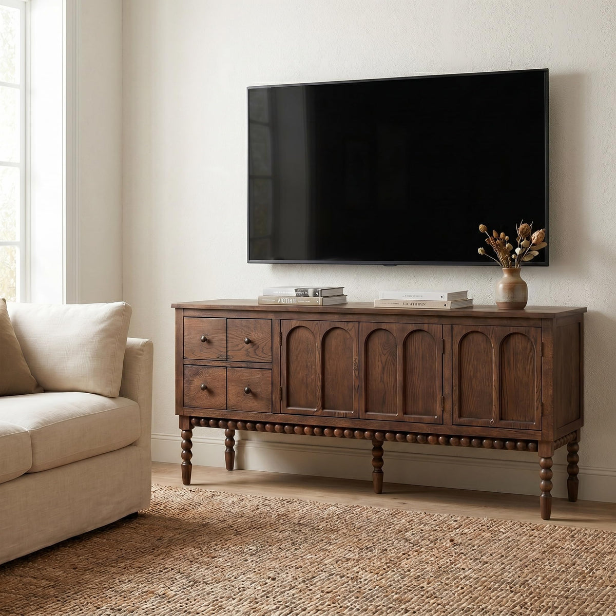 SAND STONE HOME 65" TV Entertainment Console, Buffet Cabinet, Cocoa Brown