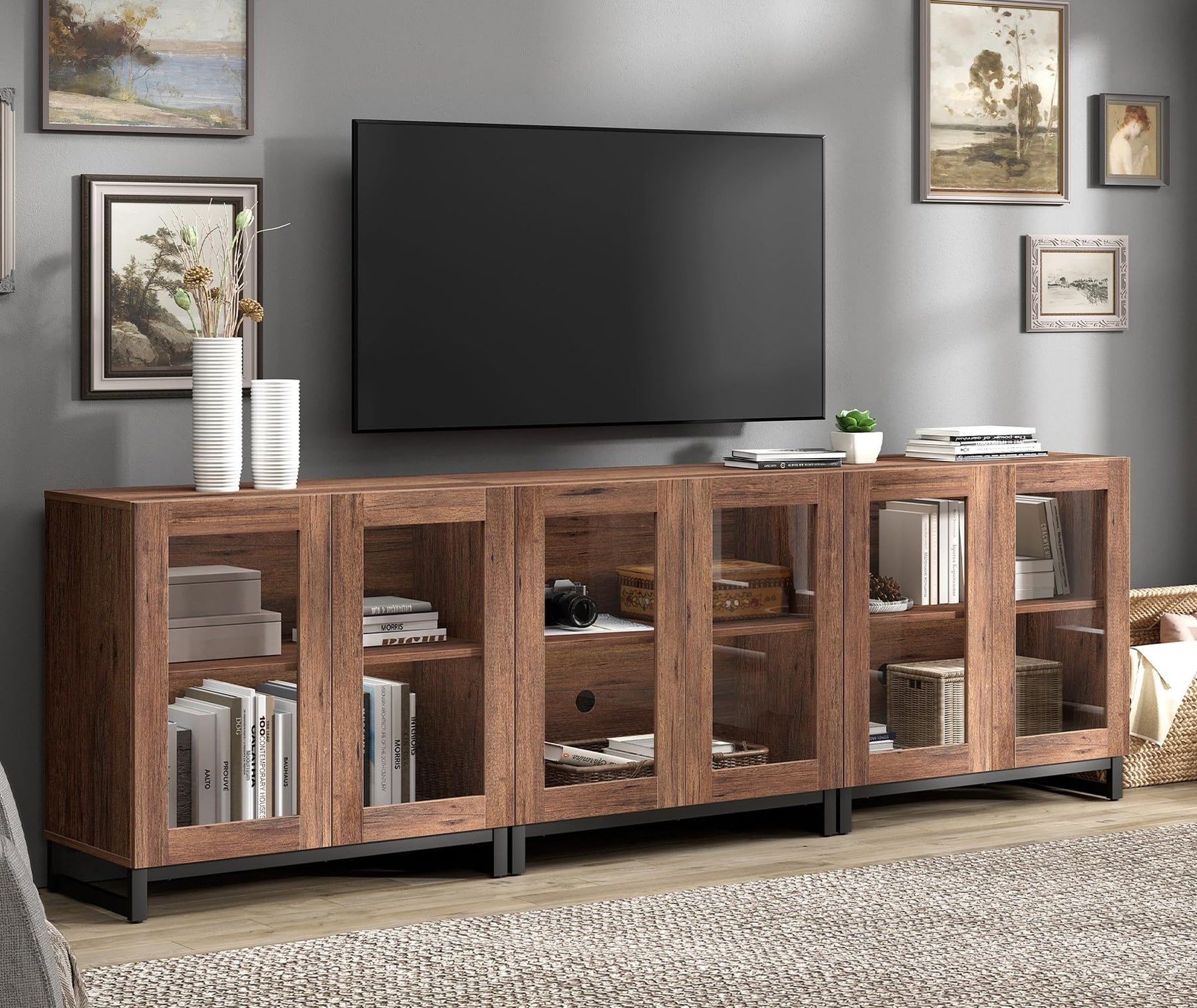 WAMPAT Modern TV Stand with Glass Doors for 80-120 inch TVs, 4 in 1 Entertainment Center Console with 4 Drawers and Metal Base for Living Room, Bedroom, Brown