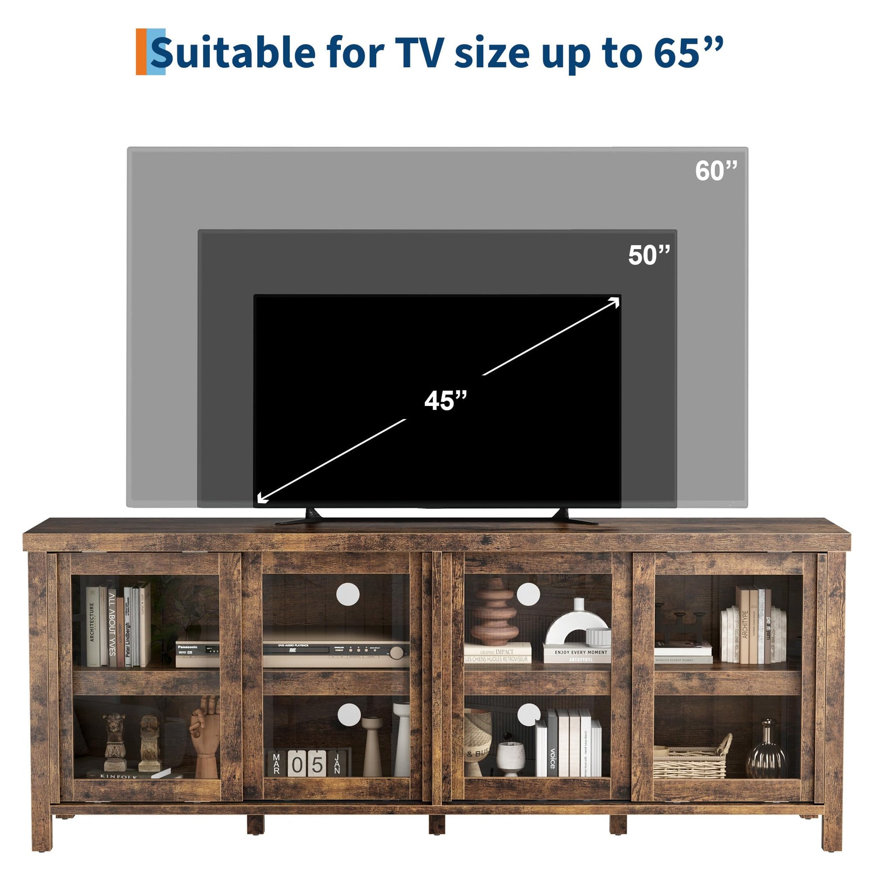 GAOMON TV Stand for 65" with Entertainment Center, Storage Cabinet, 4 Sliding Glass Doors, Mid Century Modern Media TV Console Table for Living Room Bedroom (Retro Brown)