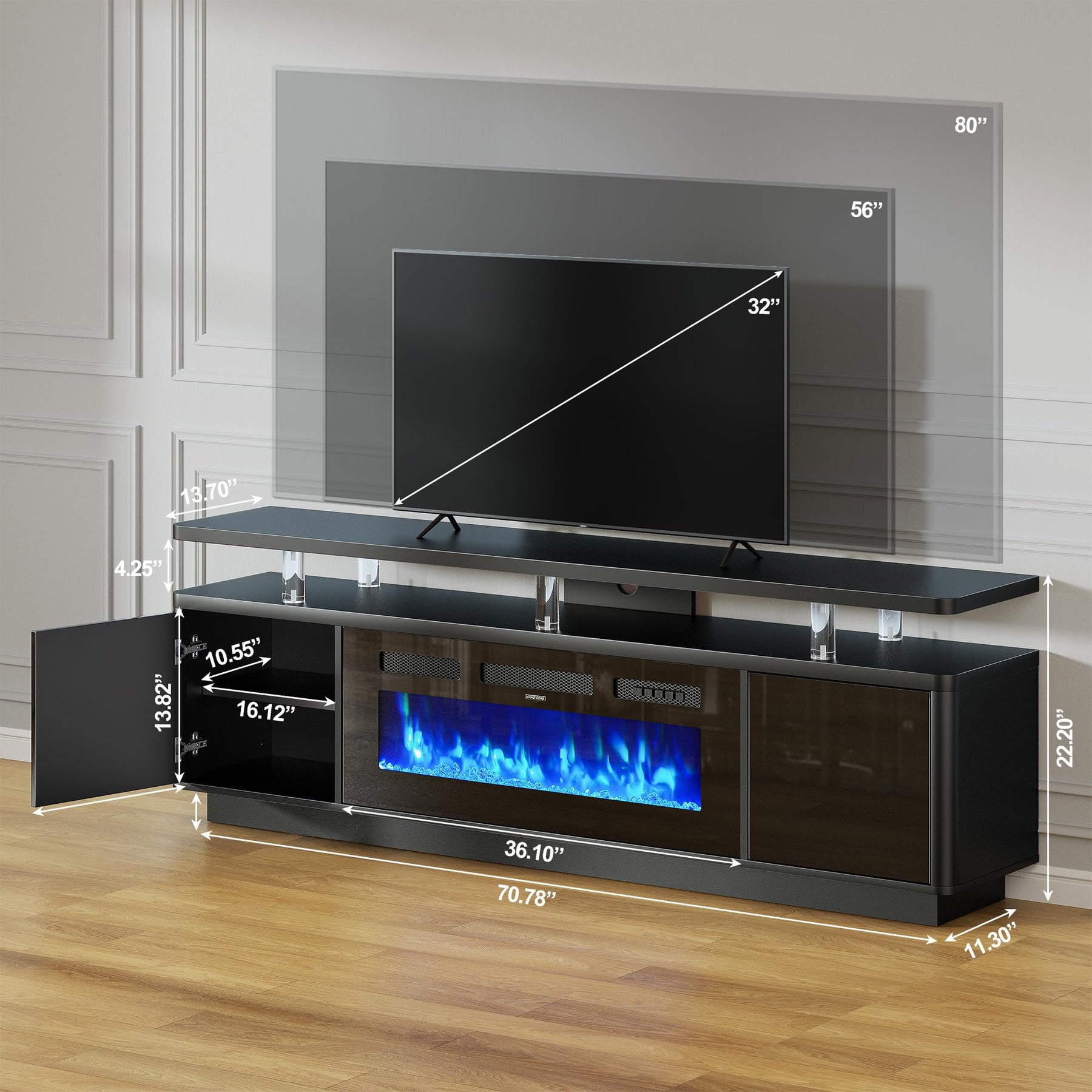 OneBlis 70" Fireplace TV Stand with Double LED Lights for TVs UP to 80", Electric Fireplace Entertainment Center with Storage Cabinets, TV Console for Living Room, Office, Black1