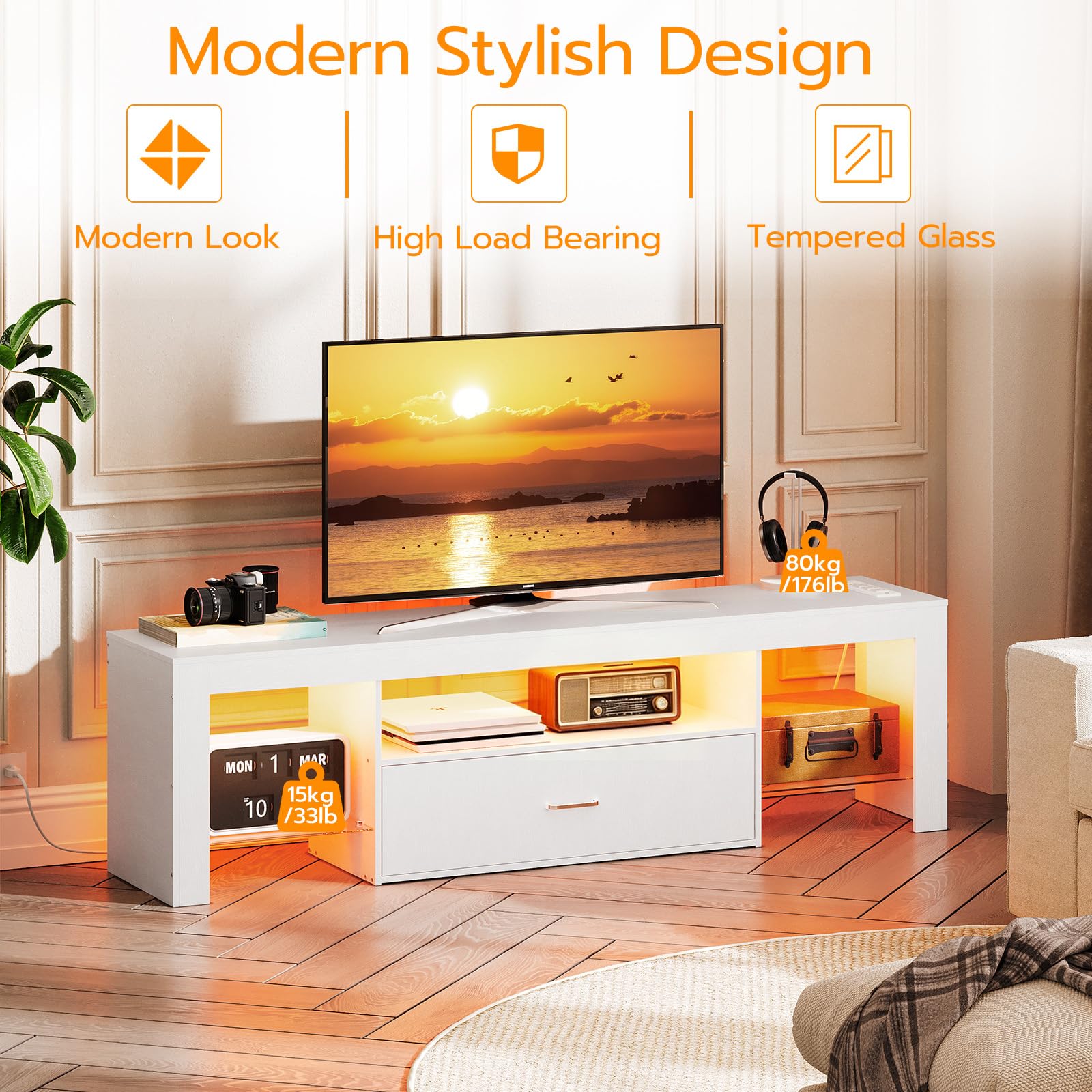 HOOBRO LED TV Stand with Power Outlets to 65 inch TV, Gaming Entertainment Center with Glass Shelves and Large Drawer, Modern Media TV Console Table for Living Room Bedroom, Black BB14UDDS01G1