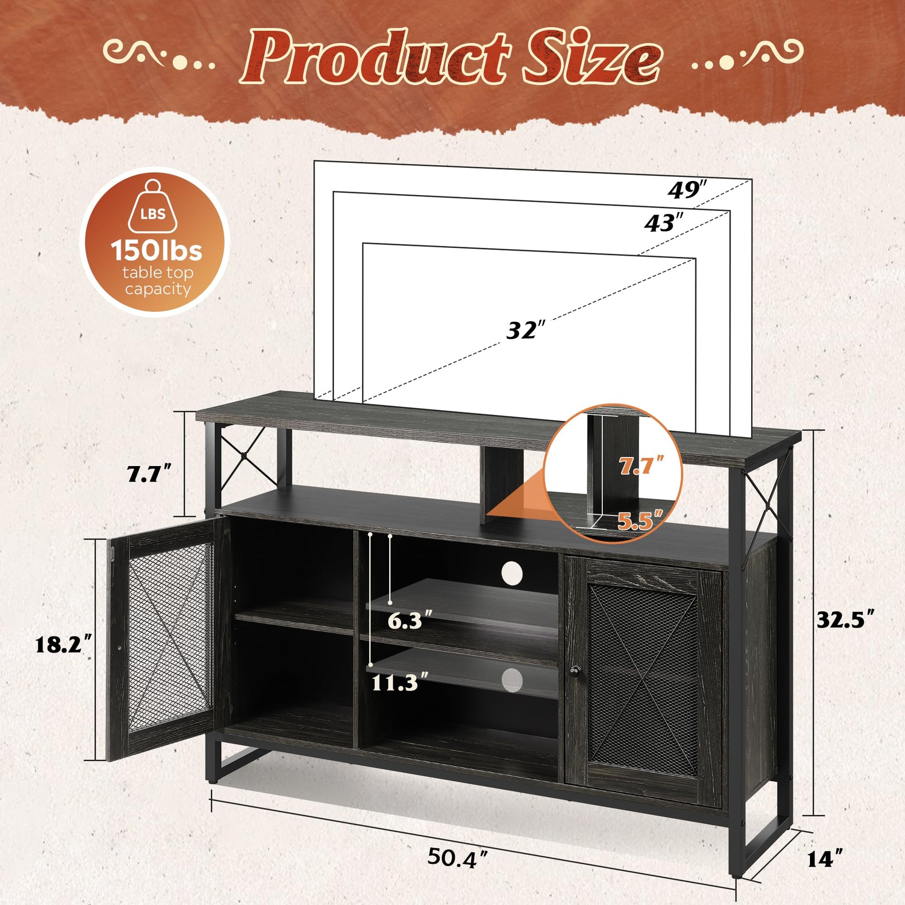 WLIVE TV Stand 55 inch TV, Tall Entertainment Center with Storage, Farmhouse Industrial TV Console for Bedroom Living Room, Rustic Brown