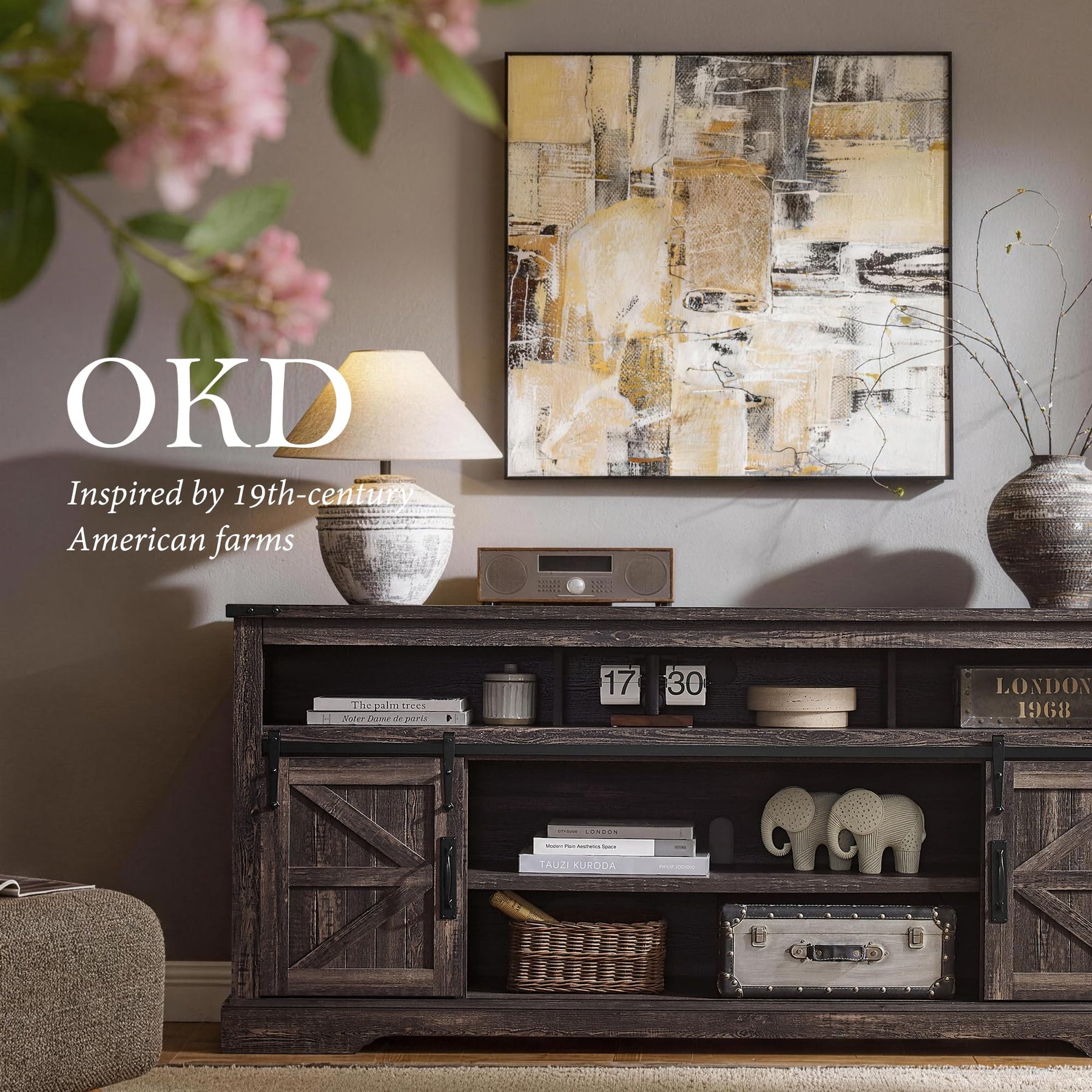 OKD 70" Farmhouse TV Stand for TVs up to 80", Antique White