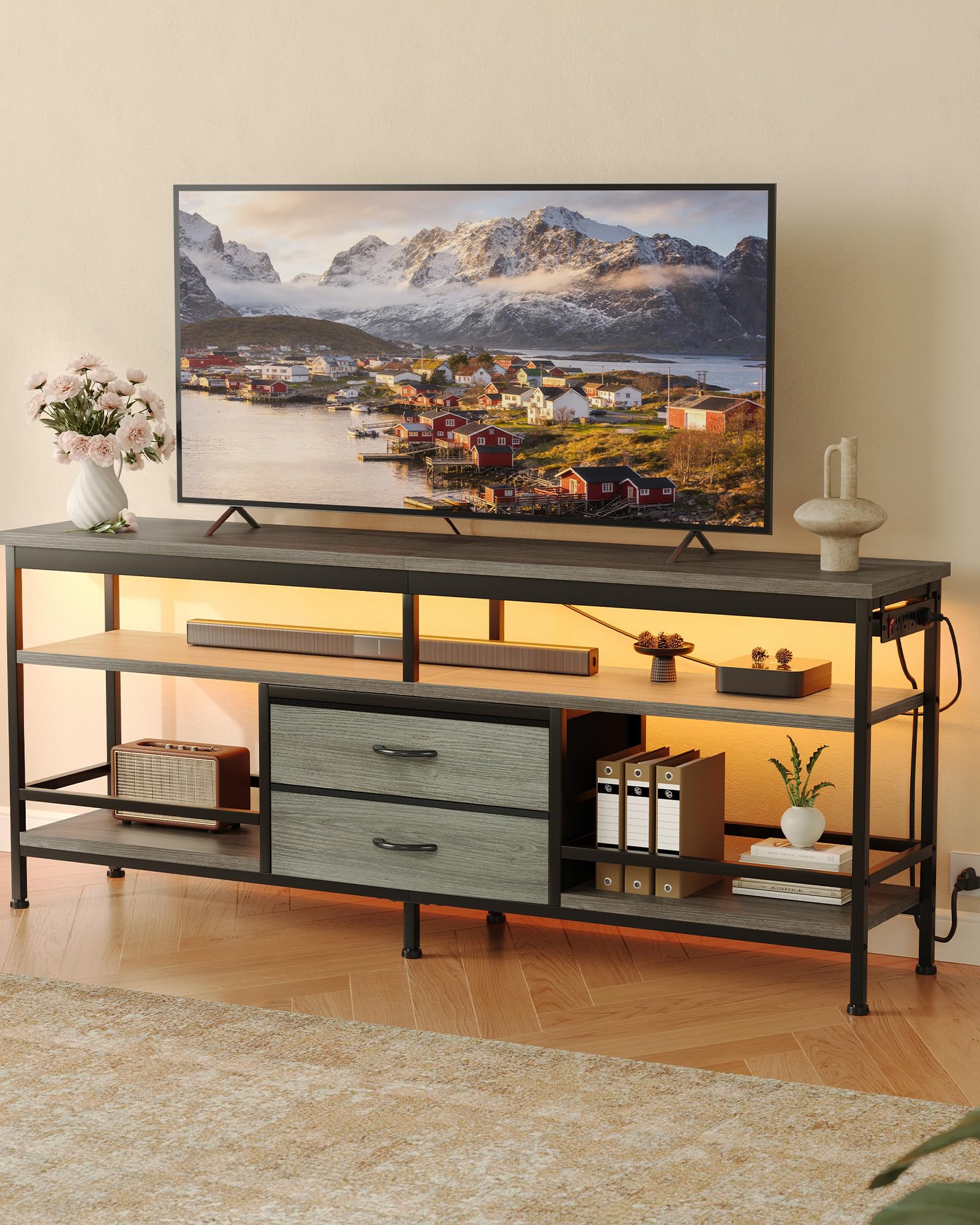 Lazzanto 63in TV Stand for 55-75in TVs, LED Lights, Charging Station, Black