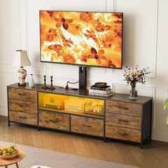 Welfuturer 70.8" W TV Stand with Mount and Power Outlet for 65/70/75/80 Inch TV, Farmhouse Entertainment Center with 8 Fabric Drawers, LED Lights and Open Storage Shelves for Living Room