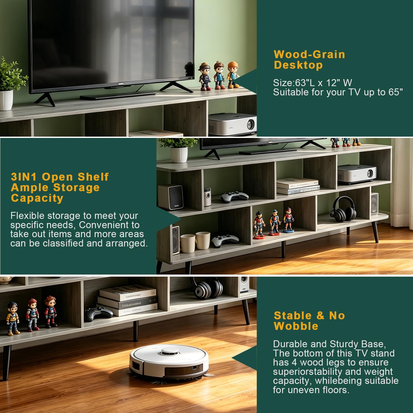 ACOHOOK Walnut 60" Mid-Century TV Stand with Storage Open Shelf