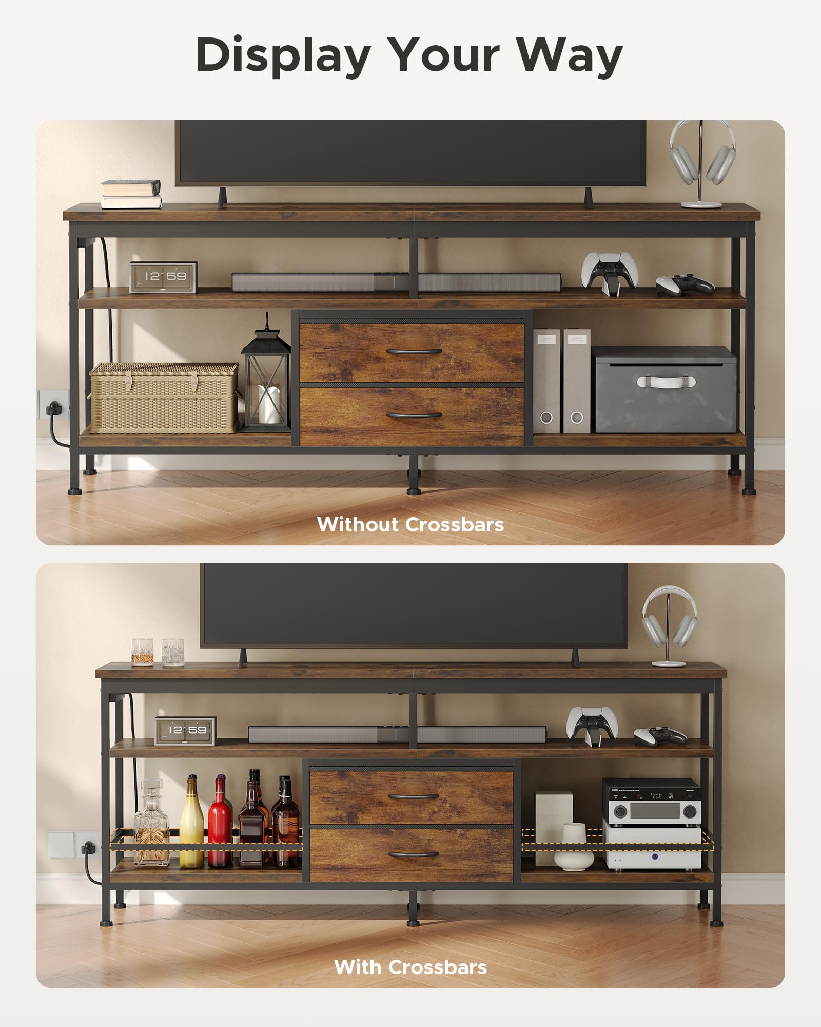 Lazzanto 63in TV Stand for 55-75in TVs, LED Lights, Charging Station, Black