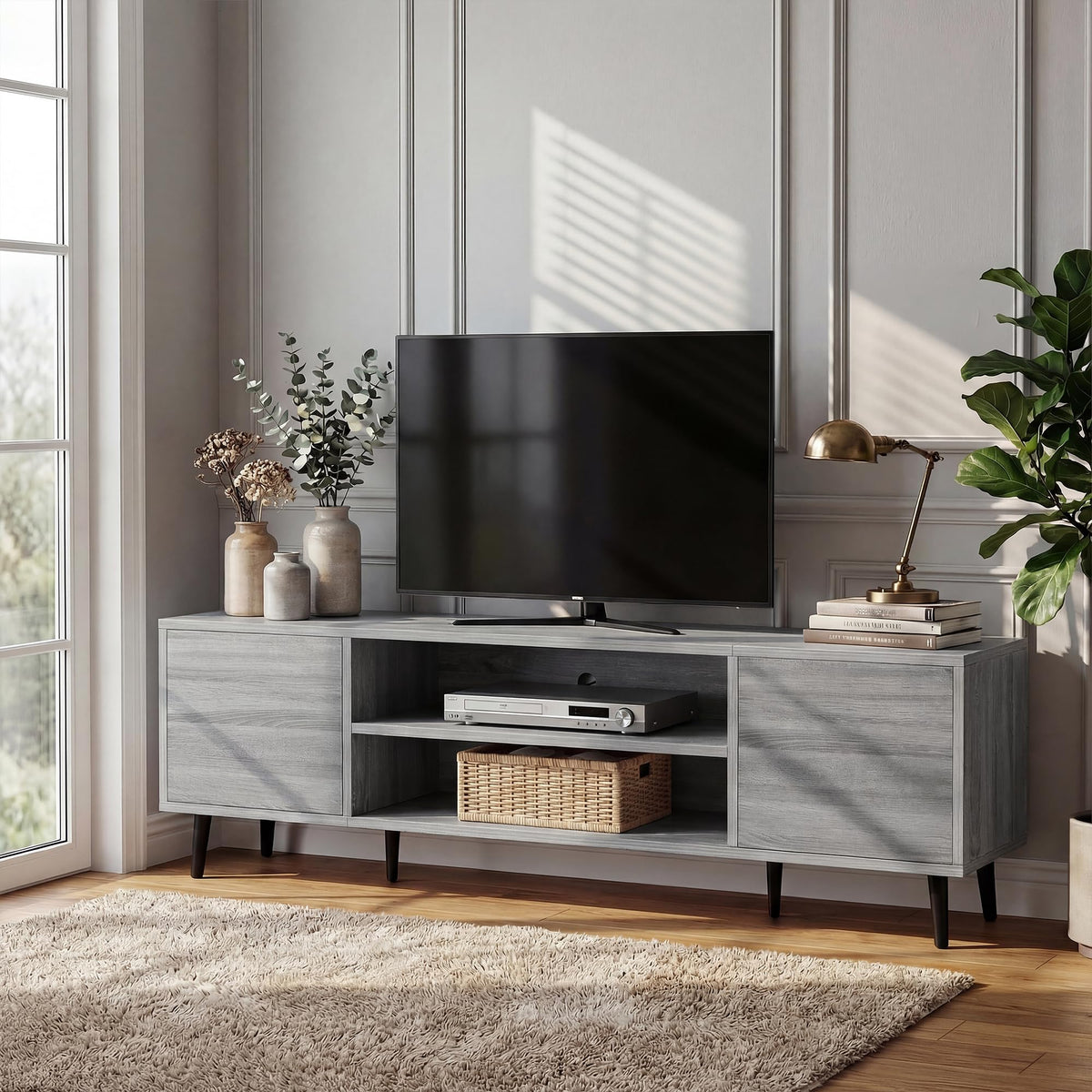 YESHOMY Mid-Century Modern TV Stand, 58 Inch, Light Grey