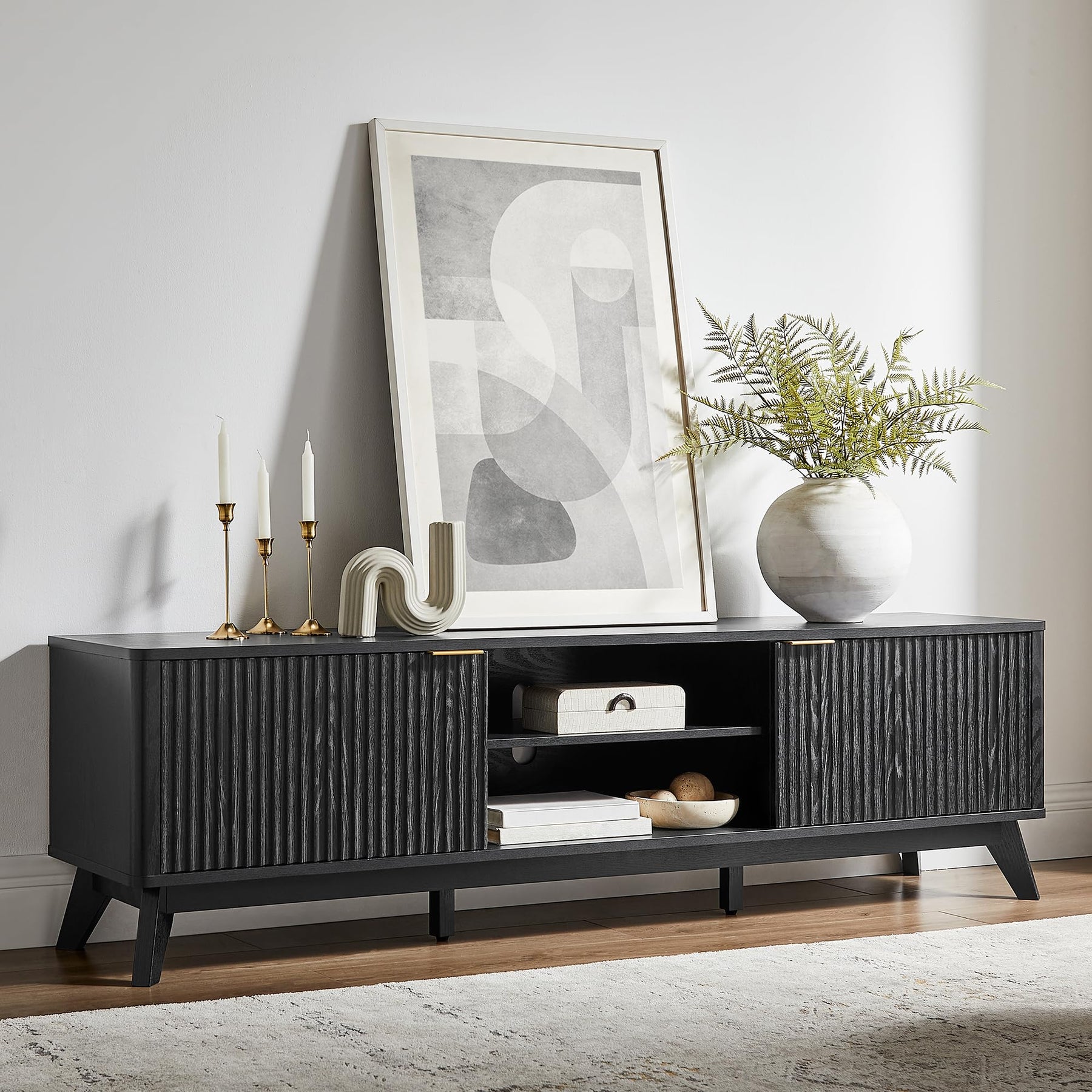 OKD 70" Mid Century Modern Fluted TV Stand w/ 2 Soft Close Door,Natural Oak