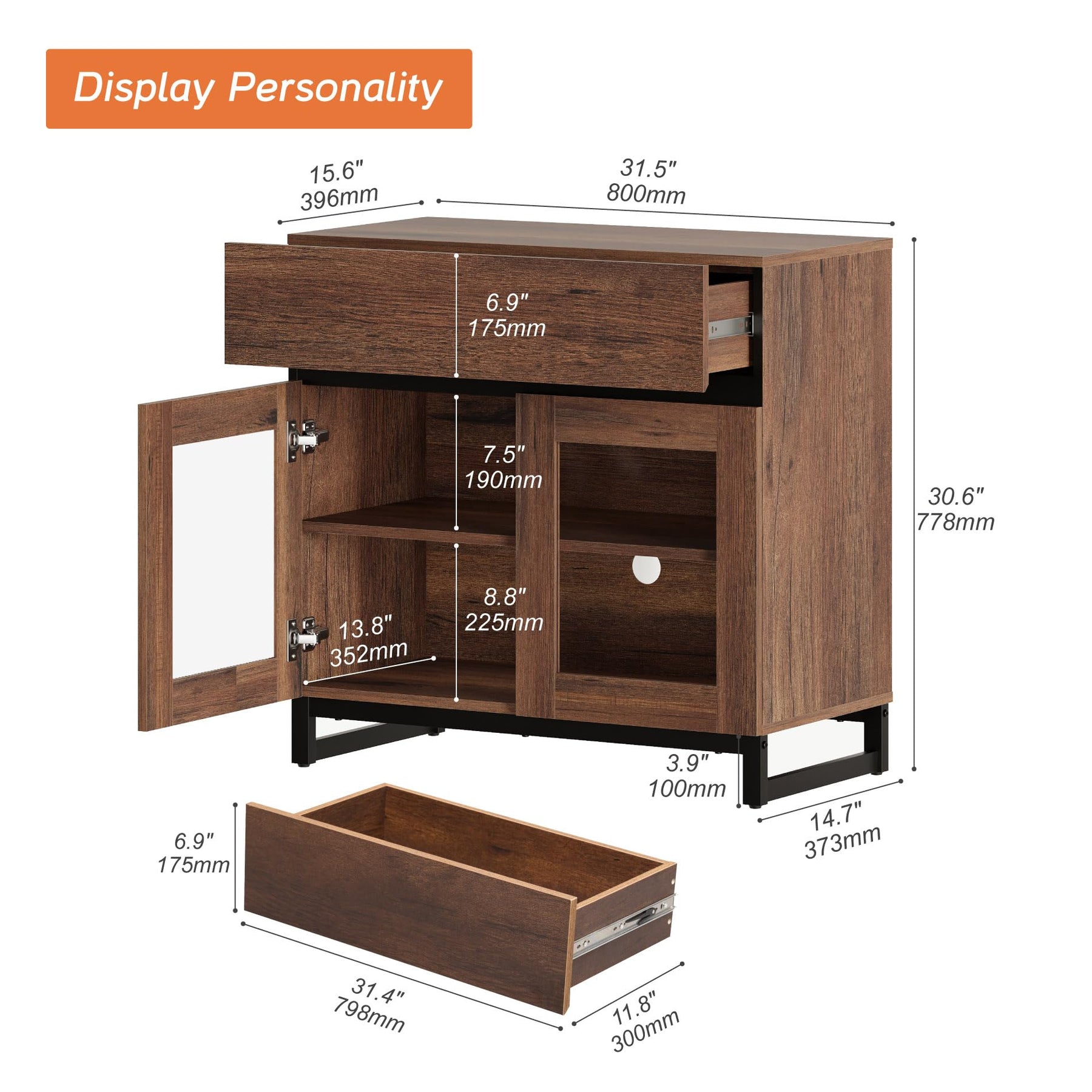 WAMPAT Modern TV Stand with Glass Doors for 80-120 inch TVs, 4 in 1 Entertainment Center Console with 4 Drawers and Metal Base for Living Room, Bedroom, Brown