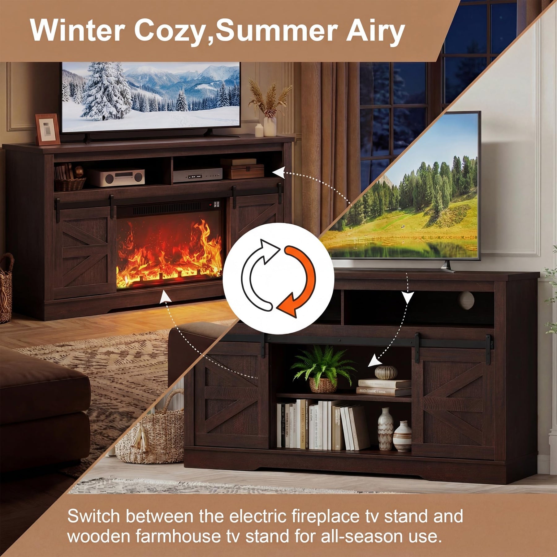 YESHOMY 58" Farmhouse TV Stand for TVs up to 65", Sliding Barn Doors, White