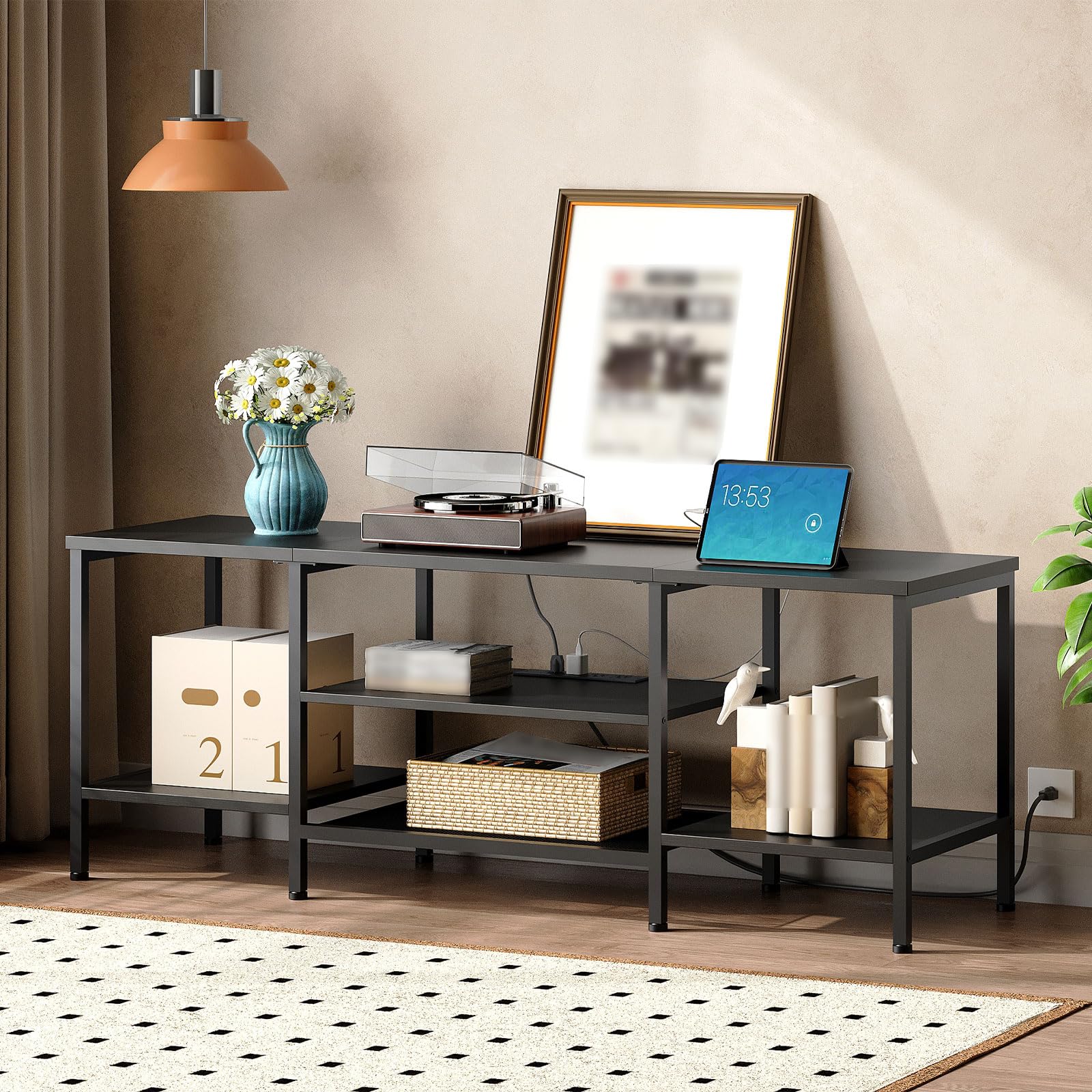 HOOBRO TV Stand with Power Outlets to 75 Inches, TV Console Table with Open Storage Shelves Cabinet, Industrial Media Entertainment Center for Living Room Bedroom, Rustic Brown and Black BF80DS01