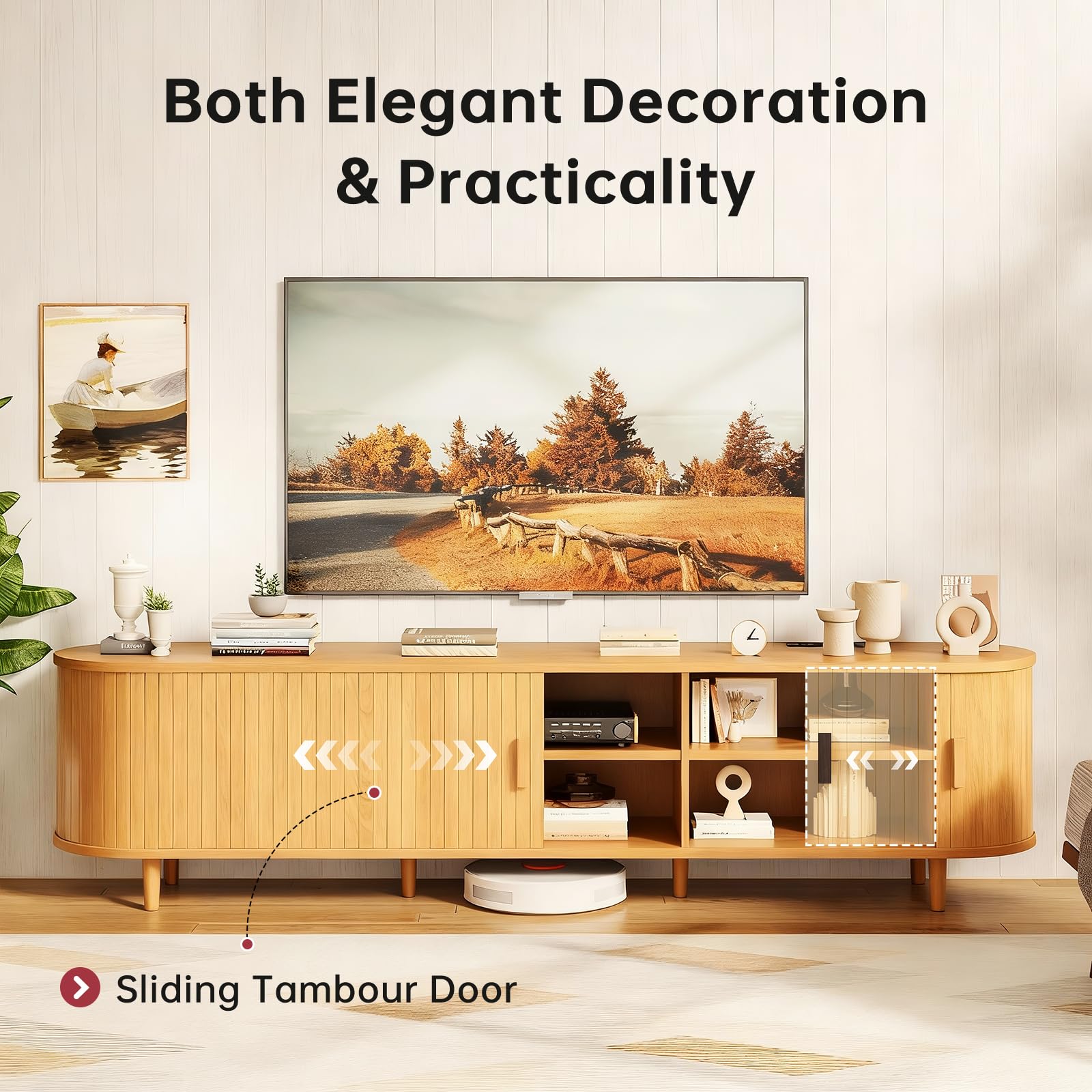 OneBlis 70" Mid Century Modern TV Stand, Wood TV Consoles with Sliding Doors and Power Outlet, Entertainment Center with Adjustable Shelves, Fluted TV Stands for Living Room, Walnut