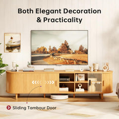 OneBlis 70" Mid Century Modern TV Stand, Wood TV Consoles with Sliding Doors and Power Outlet, Entertainment Center with Adjustable Shelves, Fluted TV Stands for Living Room, Walnut