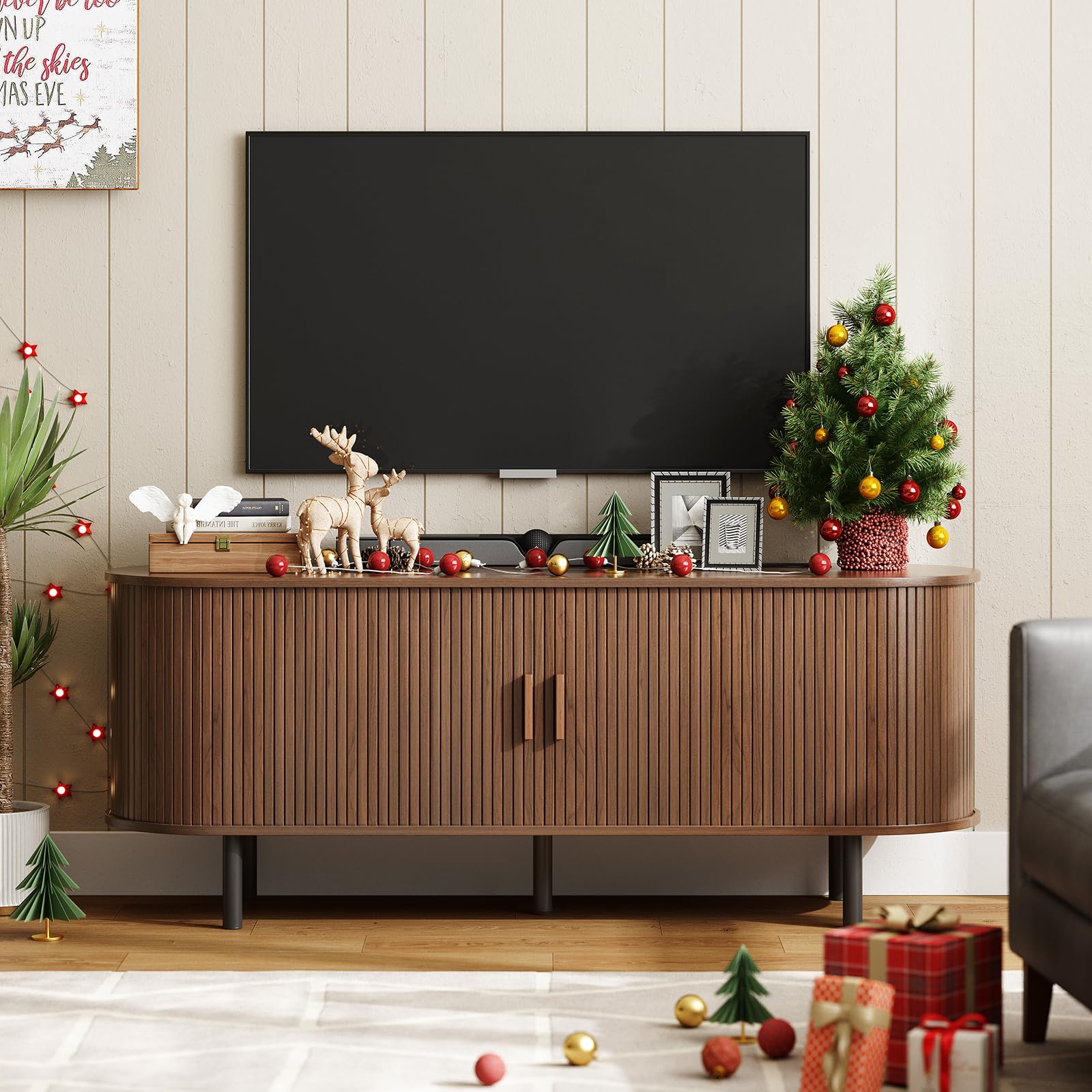 ONBRILL 70.8" TV Stand with Power Outlet for TVs up to 75 Inch, Entertainment Center with Storage and Adjustable Shelves, Modern Media Console with Sliding Doors for Living Room, Walnut