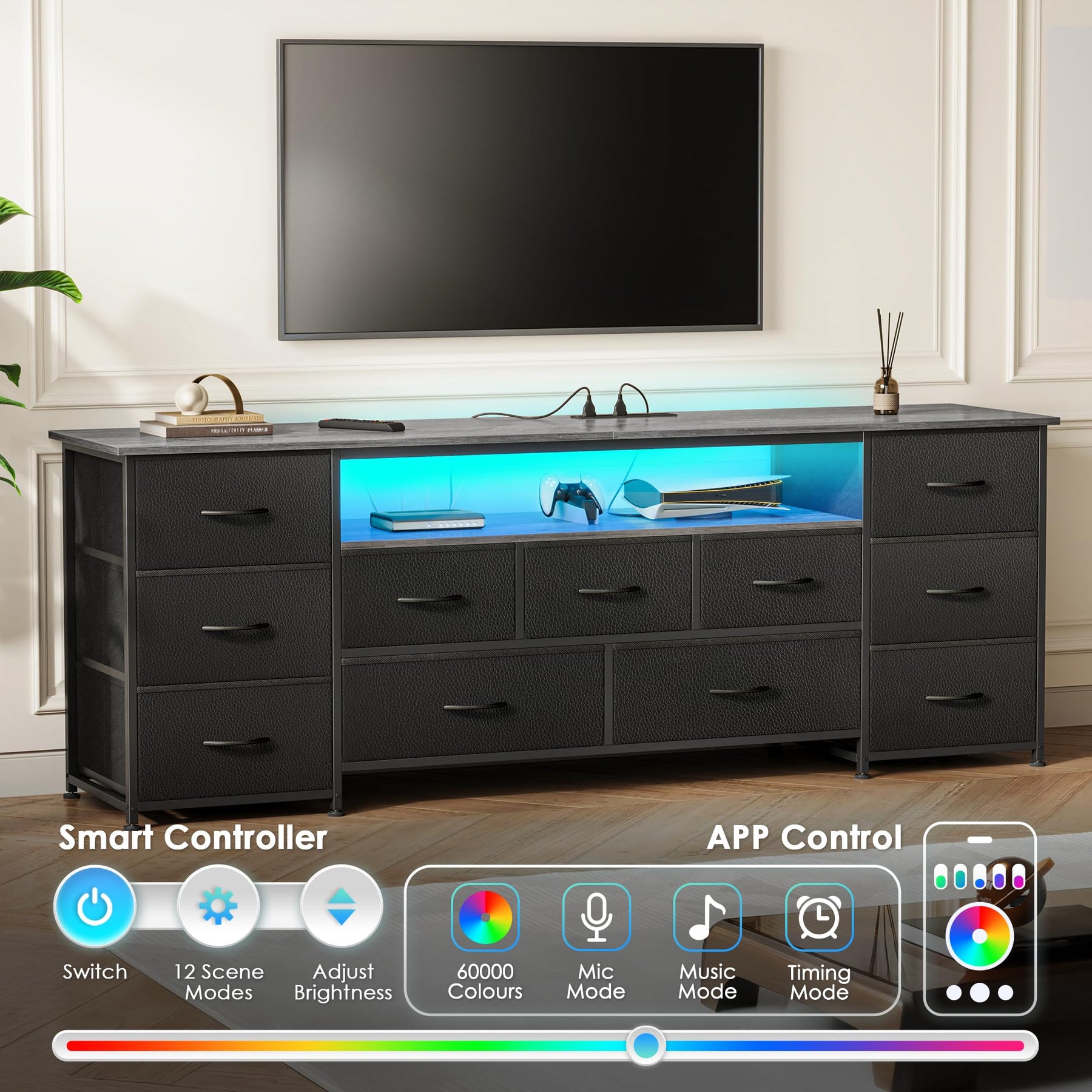 Huuger 63 Inch TV Stand for 65, 70 Inch TV, 11 Drawer Long Dresser with Power Outlets and LED Lights, Entertainment Center with Storage, Black Dresser with PU Leather Surface