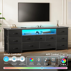 Huuger 63 Inch TV Stand for 65, 70 Inch TV, 11 Drawer Long Dresser with Power Outlets and LED Lights, Entertainment Center with Storage, Black Dresser with PU Leather Surface