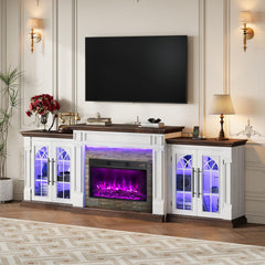 HolliWill 104" Fireplace TV Stand for TVs Up to 100 Inch, LED Electric Fireplace with Mantel and Sideboard Cabinets, Entertainment Center with 4 Glass Doors and Outlet, Modern for Living Room
