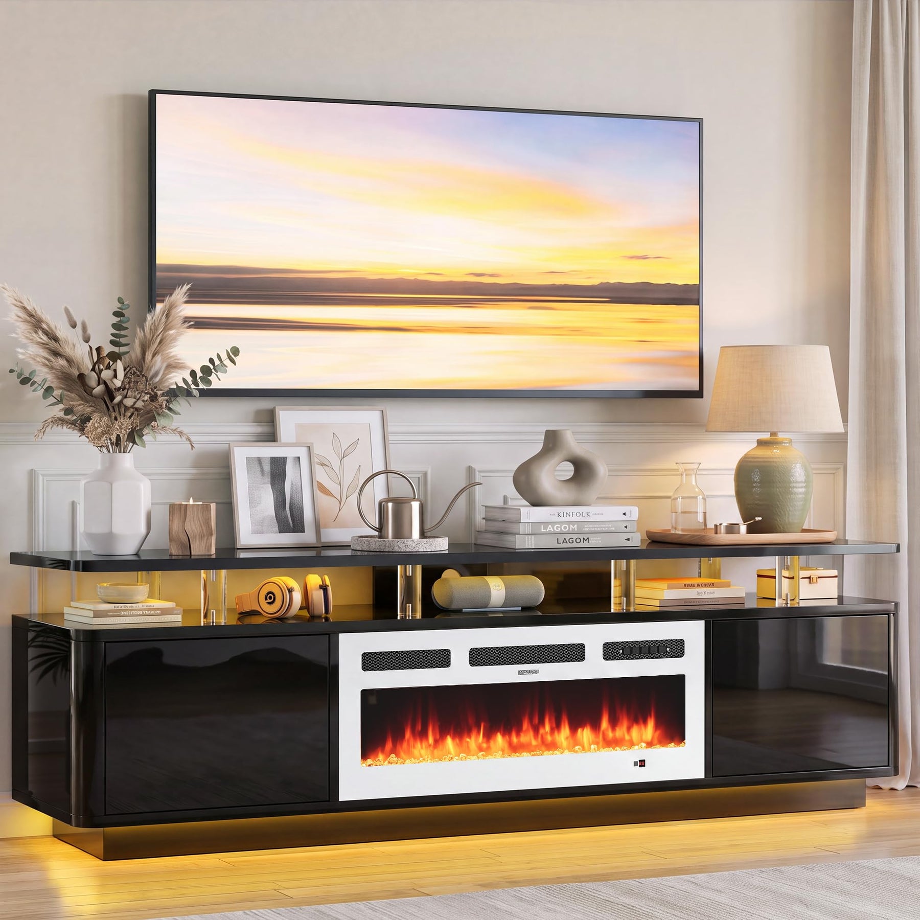 OneBlis 70" Fireplace TV Stand with Double LED Lights for TVs UP to 80", Electric Fireplace Entertainment Center with Storage Cabinets, TV Console for Living Room, Office, Black1