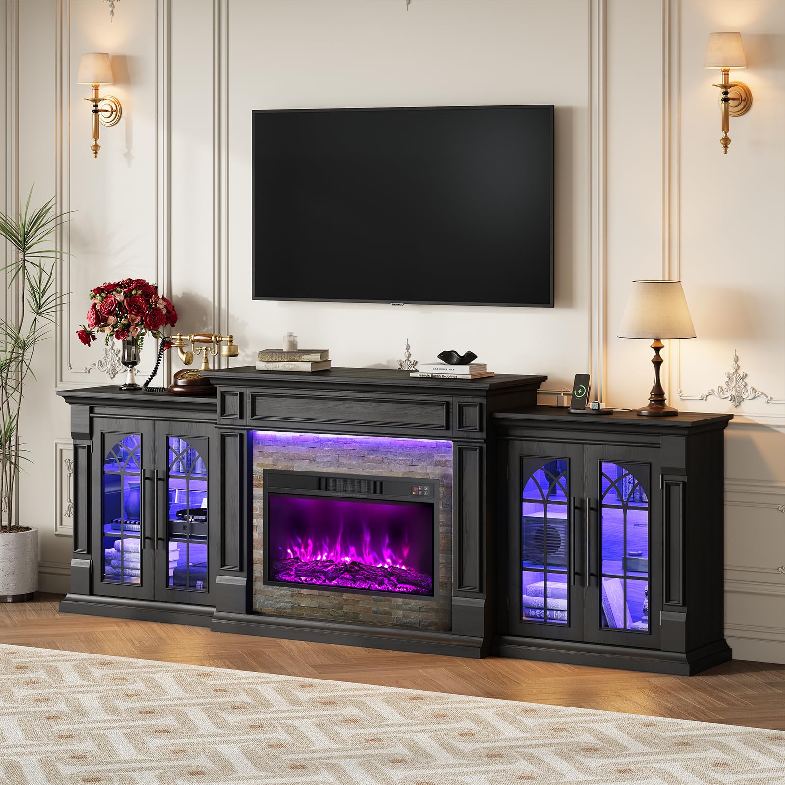 HolliWill 104" Fireplace TV Stand for TVs Up to 100 Inch, LED Electric Fireplace with Mantel and Sideboard Cabinets, Entertainment Center with 4 Glass Doors and Outlet, Modern for Living Room