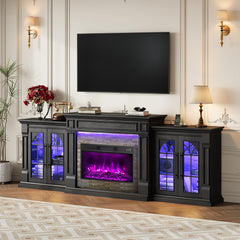 HolliWill 104" Fireplace TV Stand for TVs Up to 100 Inch, LED Electric Fireplace with Mantel and Sideboard Cabinets, Entertainment Center with 4 Glass Doors and Outlet, Modern for Living Room