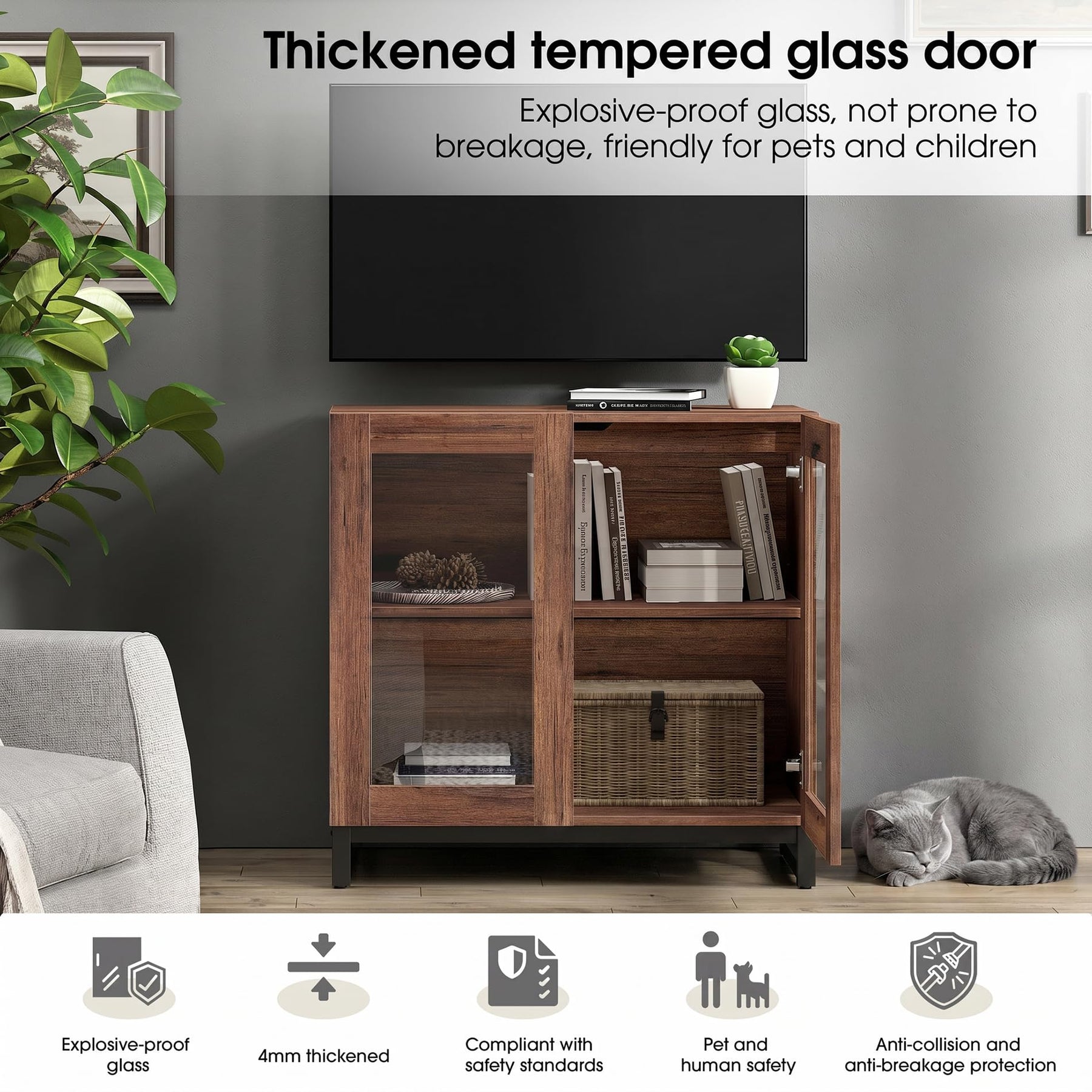 WAMPAT Modern TV Stand with Glass Doors for 80-120 inch TVs, 4 in 1 Entertainment Center Console with 4 Drawers and Metal Base for Living Room, Bedroom, Brown